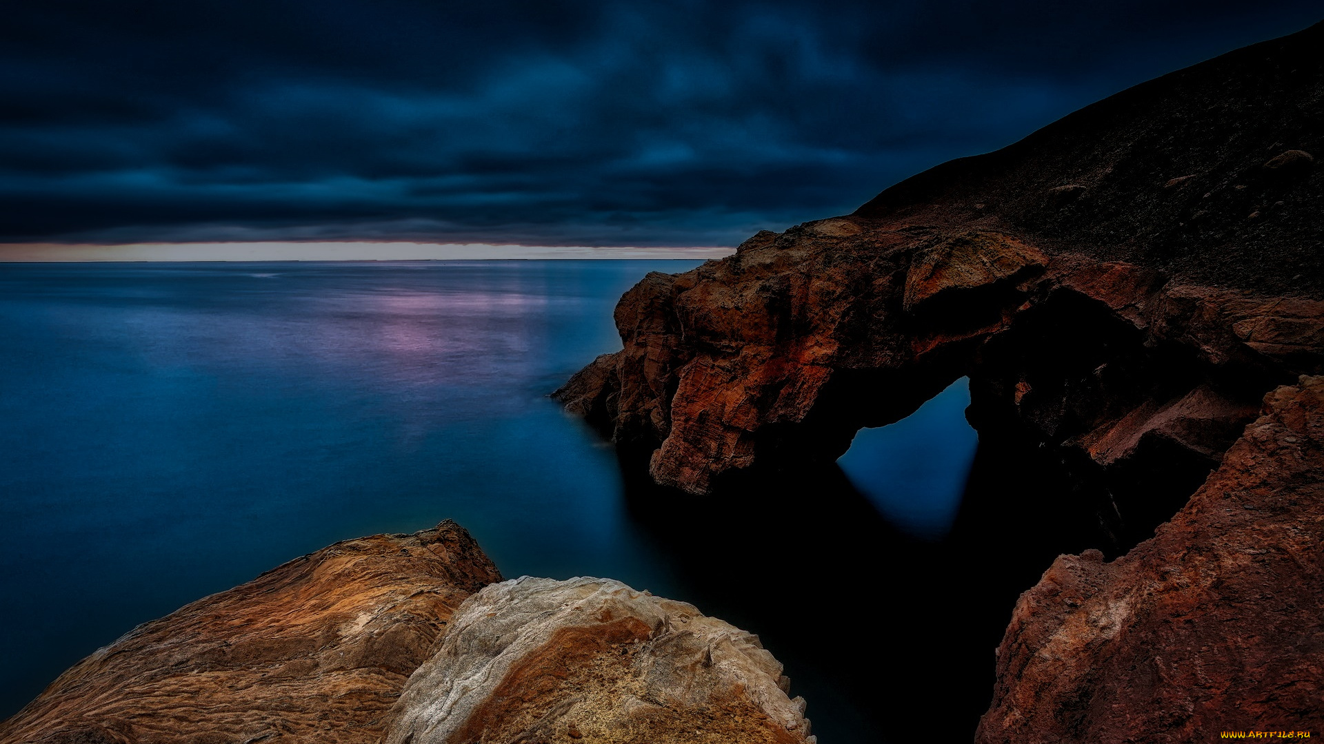 природа, побережье, камни, море, облака, ночь