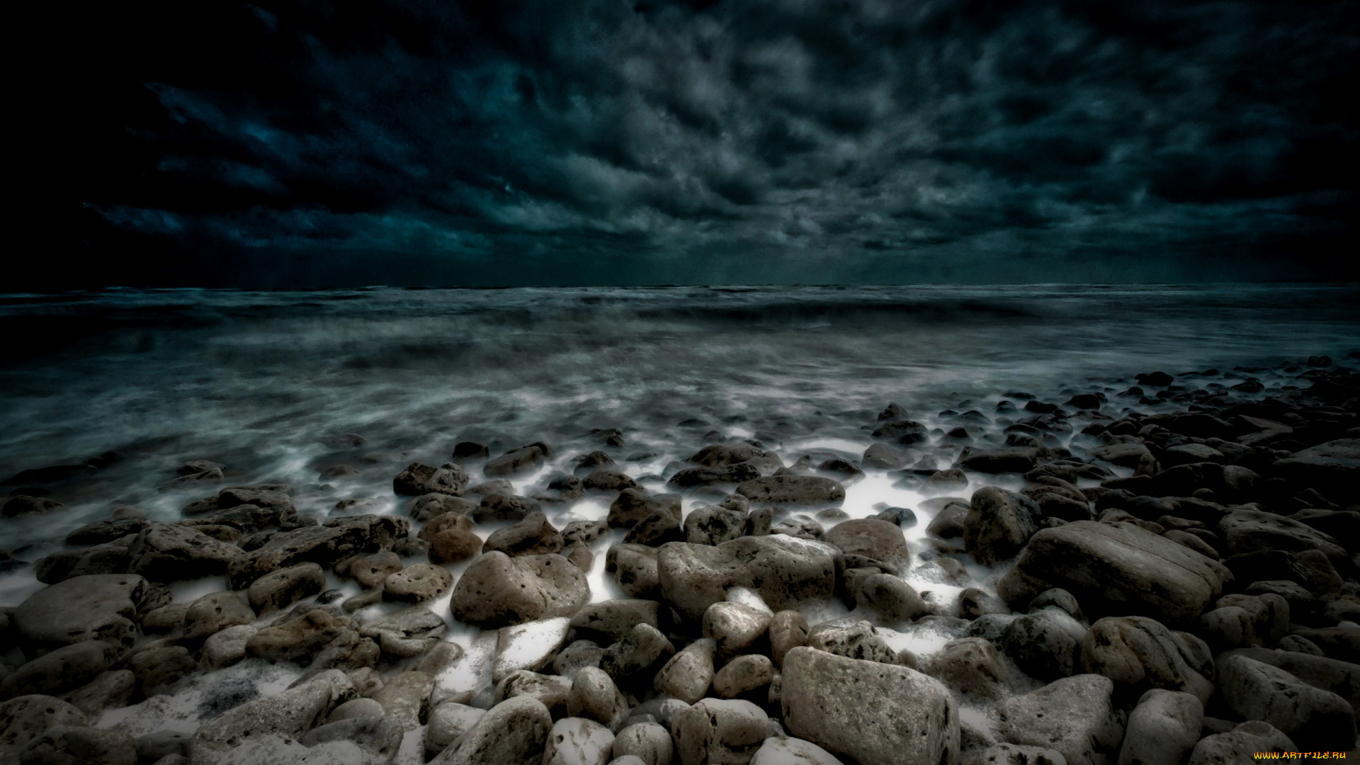 природа, побережье, море, ночь, облака, камни