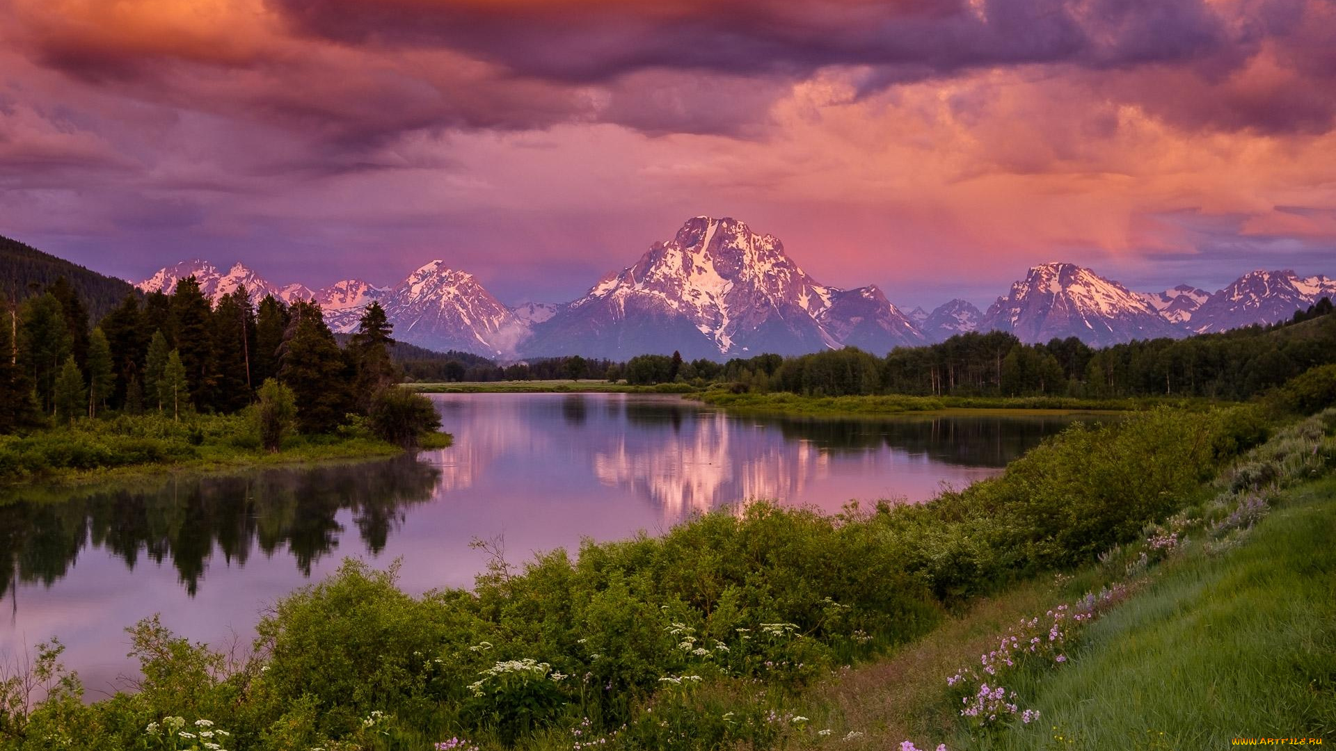 природа, реки, озера, деревья, пейзаж, горы, река, закат