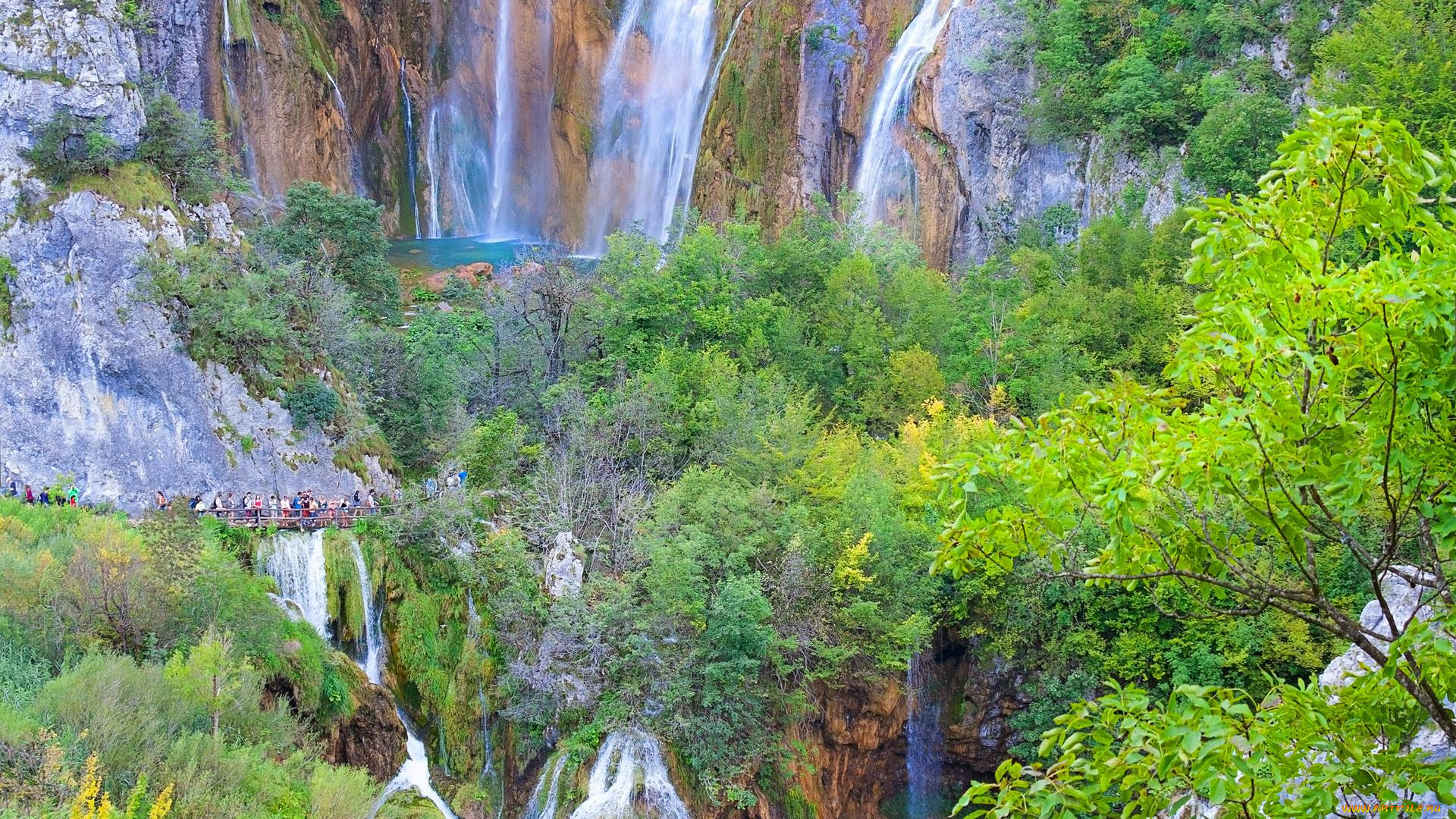 природа, водопады, деревья, лес, скалы, водопад