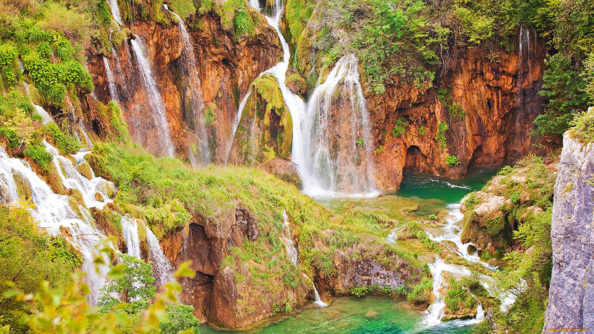 природа, водопады, водопад, деревья, лес, скалы