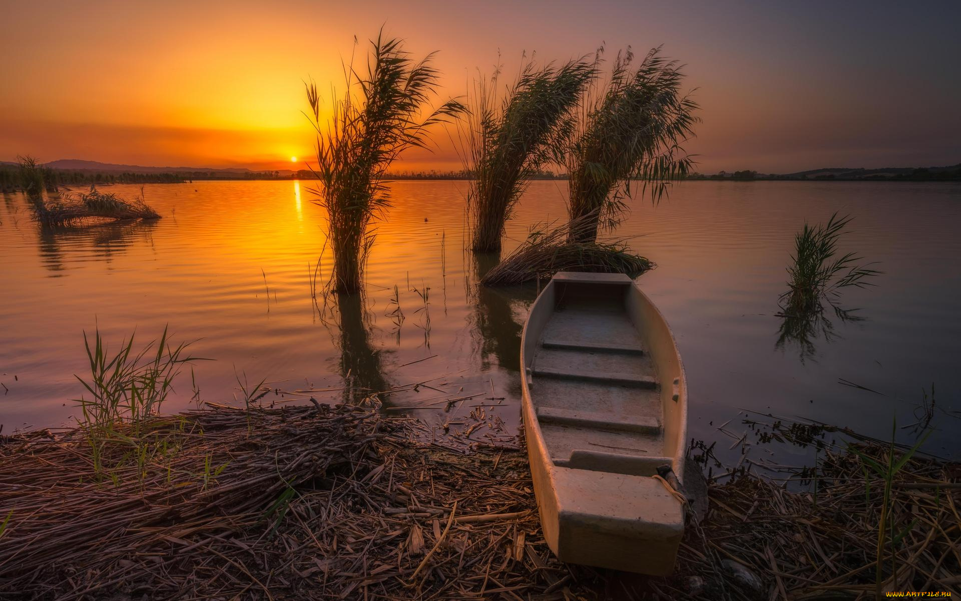 корабли, лодки, , шлюпки, берег, закат, озеро, пейзаж, лодка