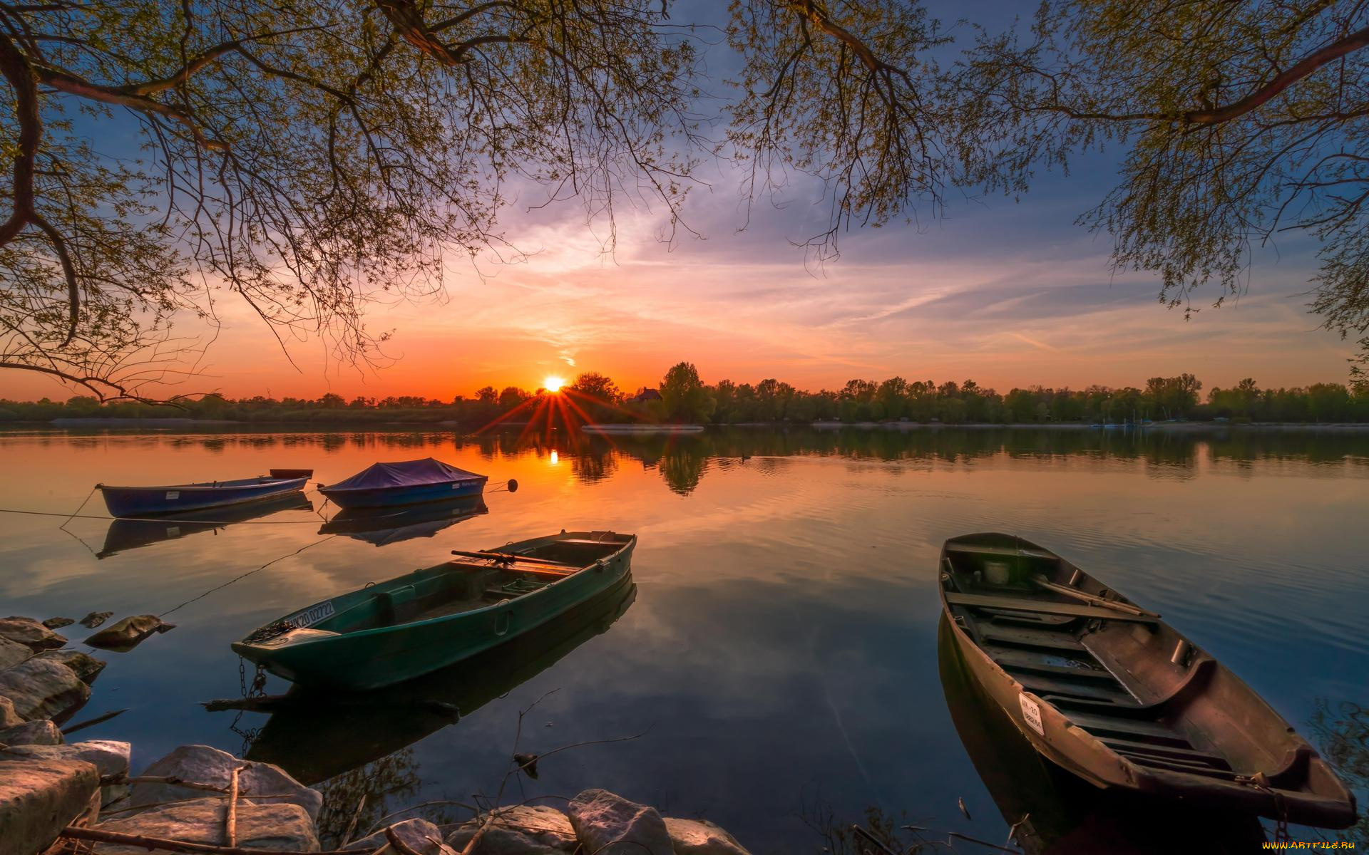 корабли, лодки, , шлюпки, озеро, водоём, берег, закат, лодка