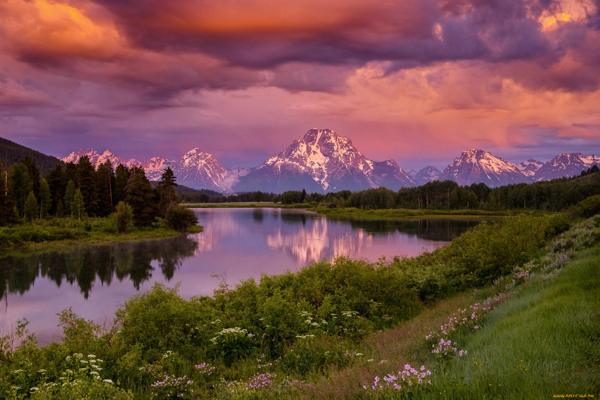 природа, реки, озера, деревья, пейзаж, горы, река, закат