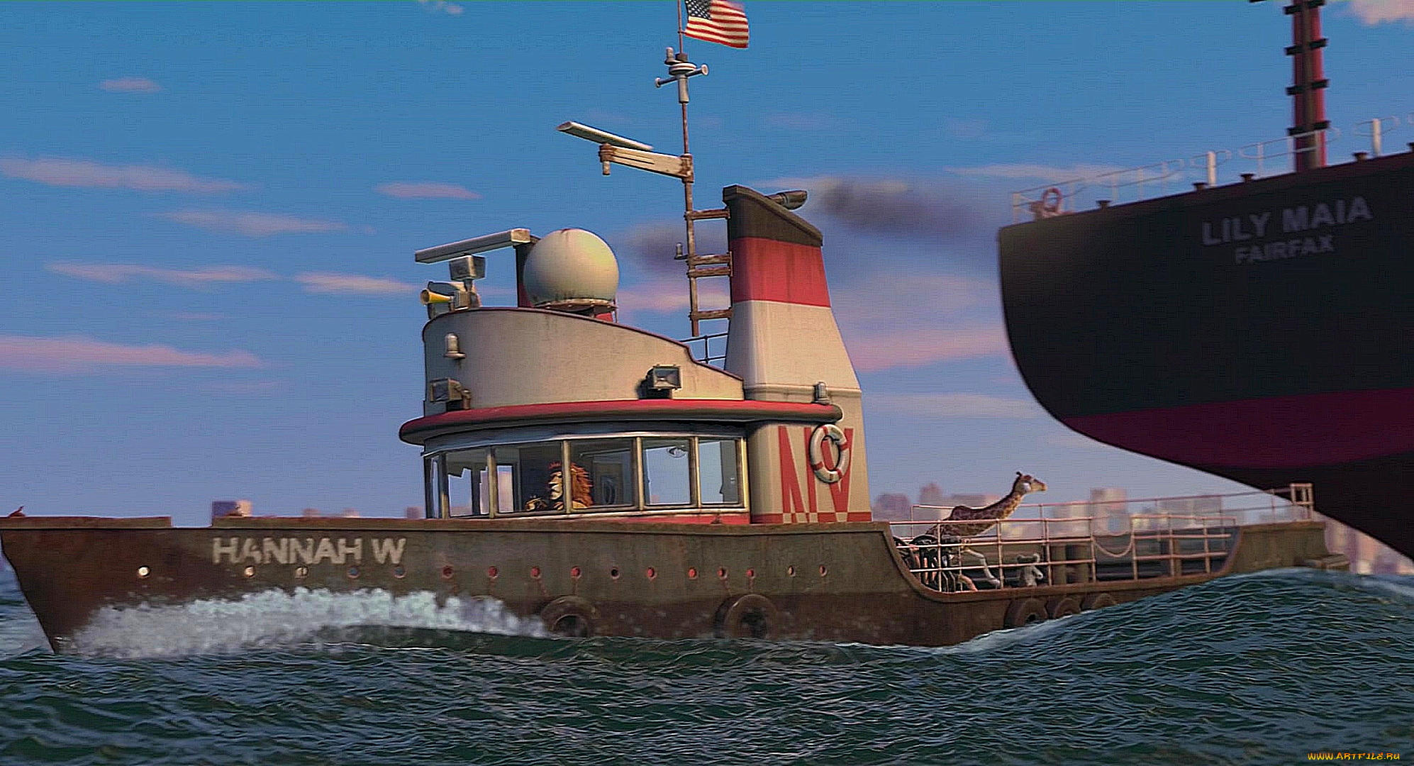 корабли, рисованные, флаг, звери, животные, катер, водоем