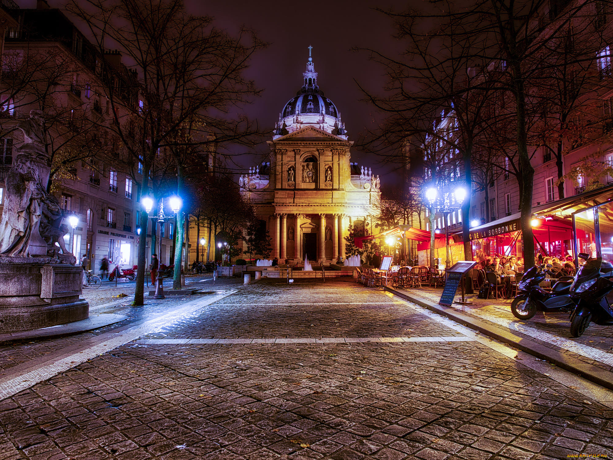 города, париж, , франция, ночь, город, париж, сорбонна