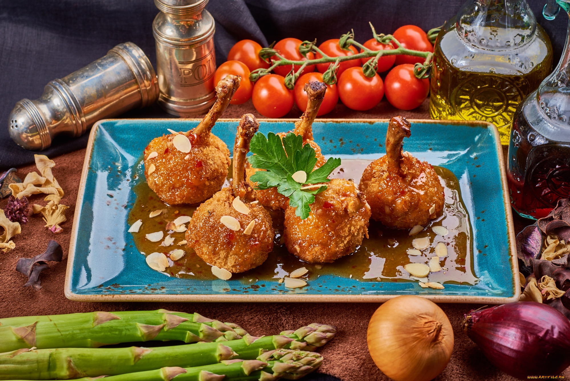 еда, мясные, блюда, лук, мясо, помидоры, спаржа, томаты