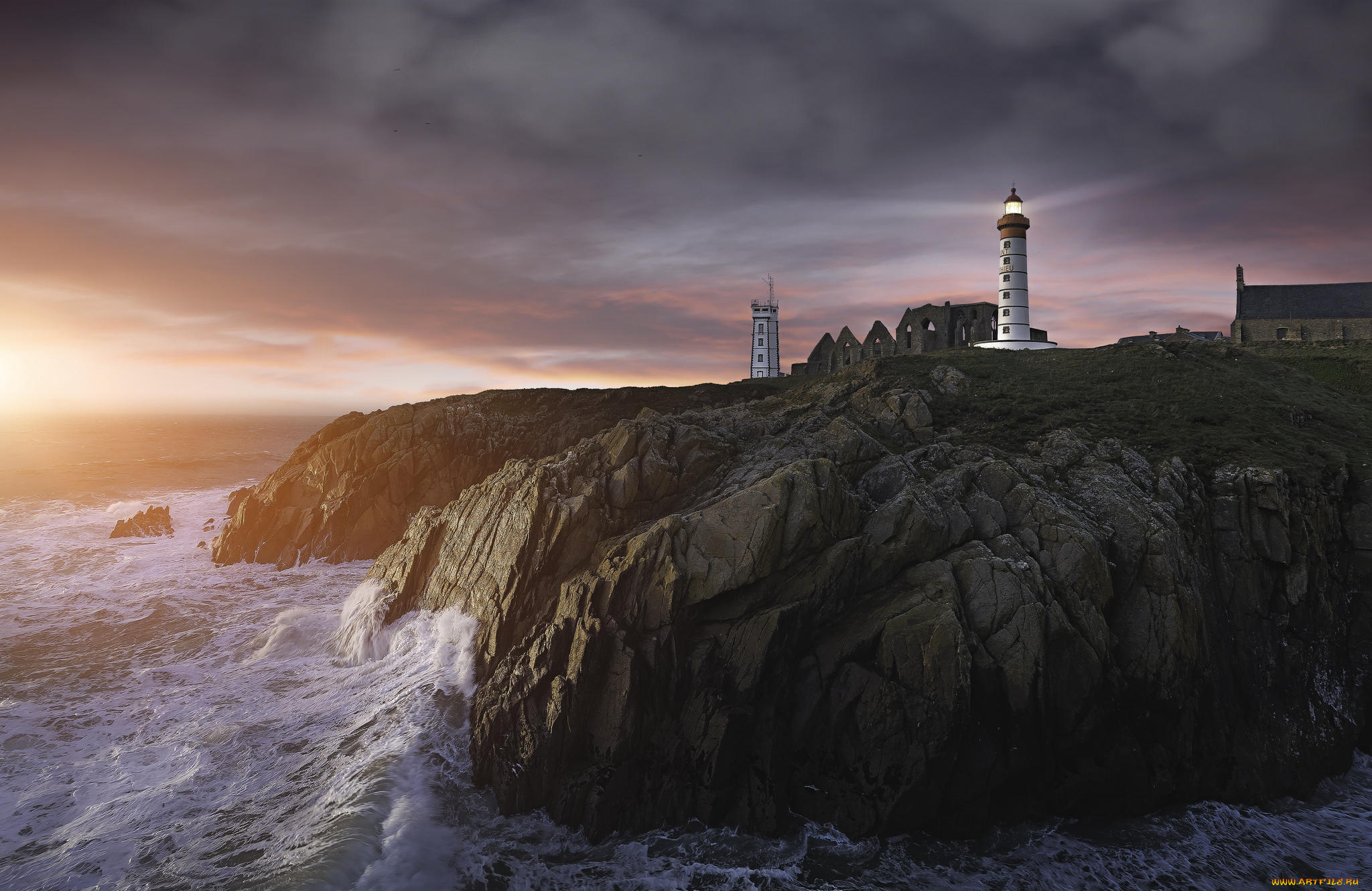 природа, маяки, пуэнт-де-сен-матье, море, закат, франция, бретань