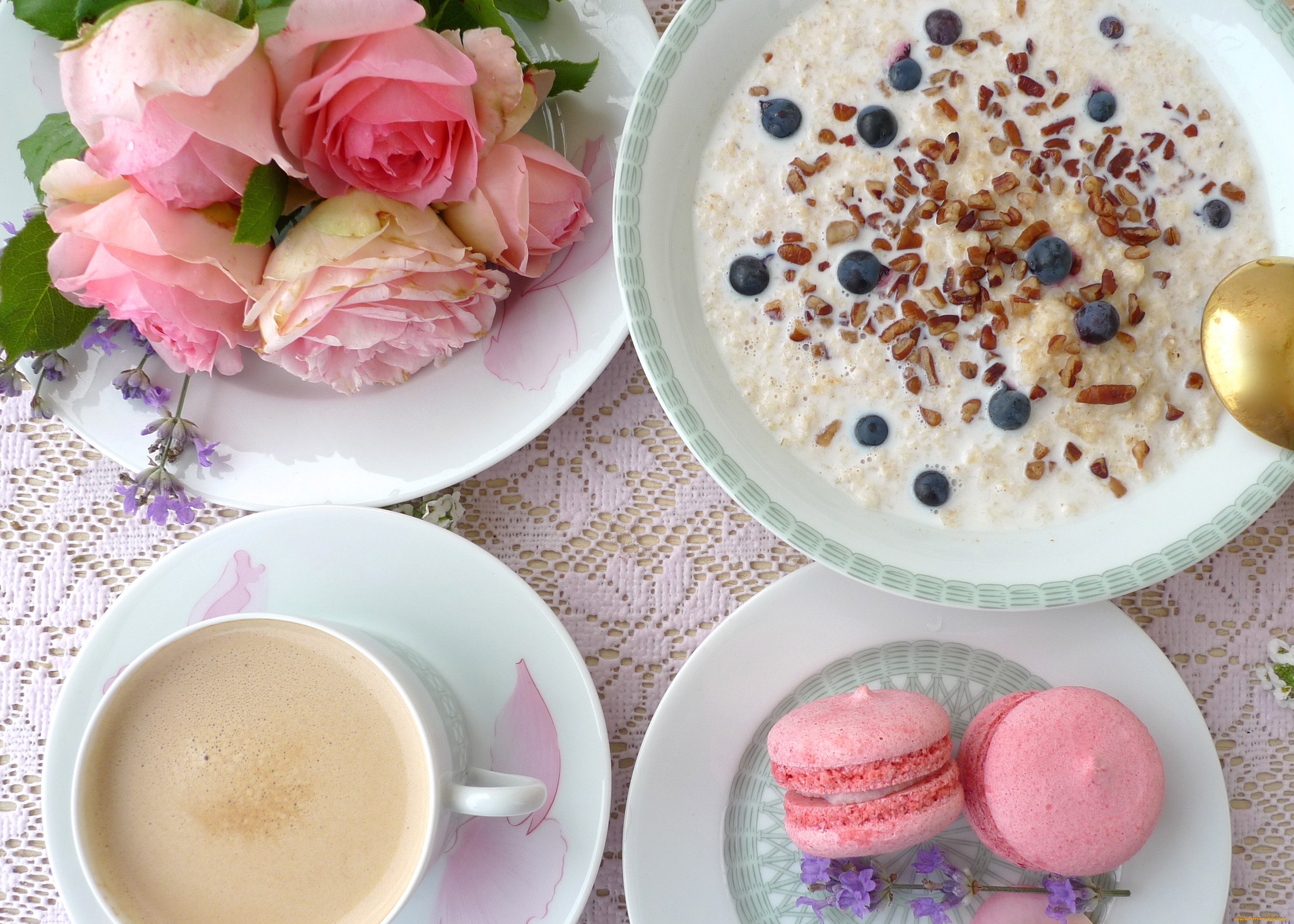 еда, разное, розы, голубика, макаруны, овсянка