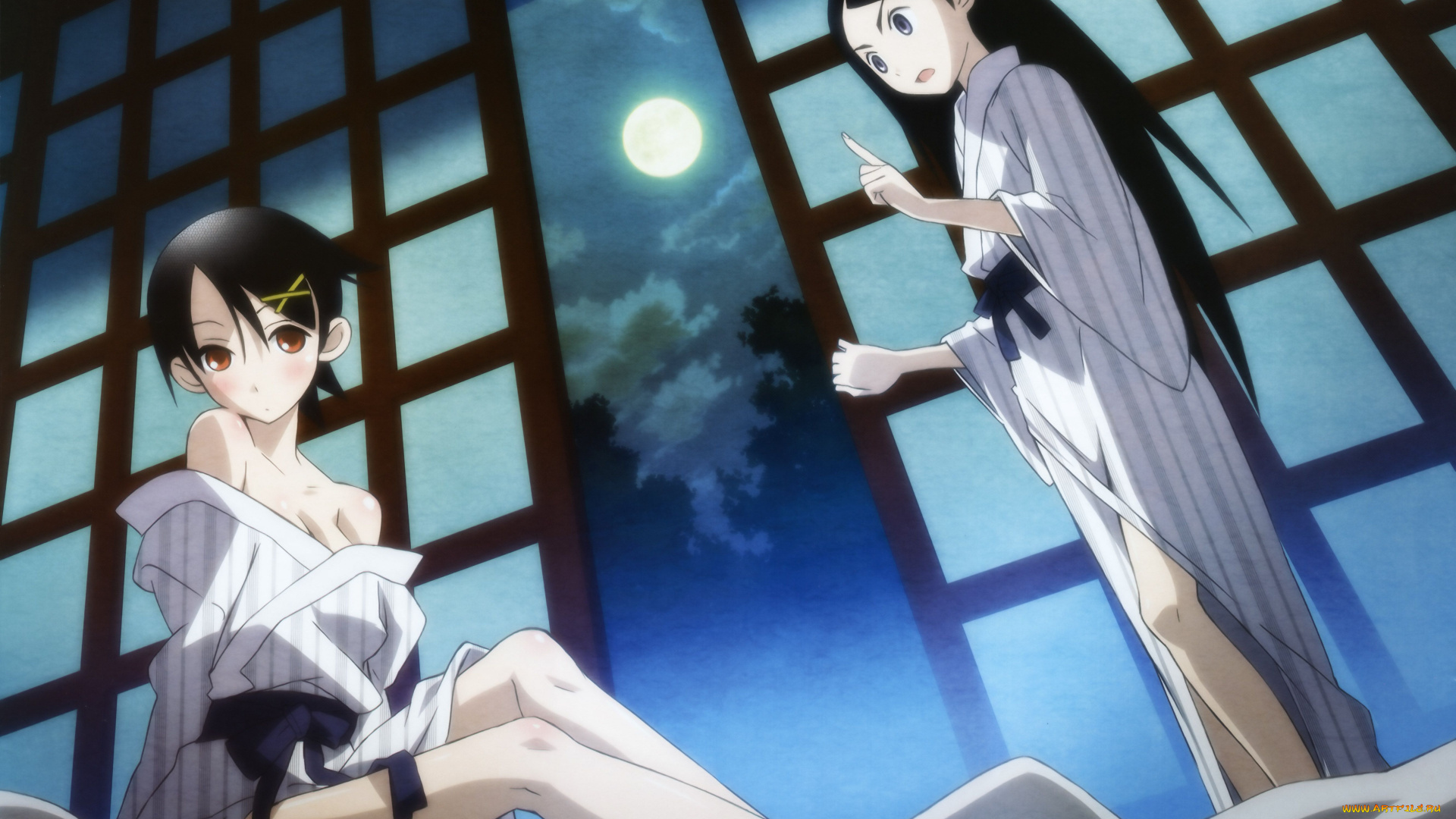 аниме, sayonara, zetsubo, sensei, кимоно, девушки, луна, разговор