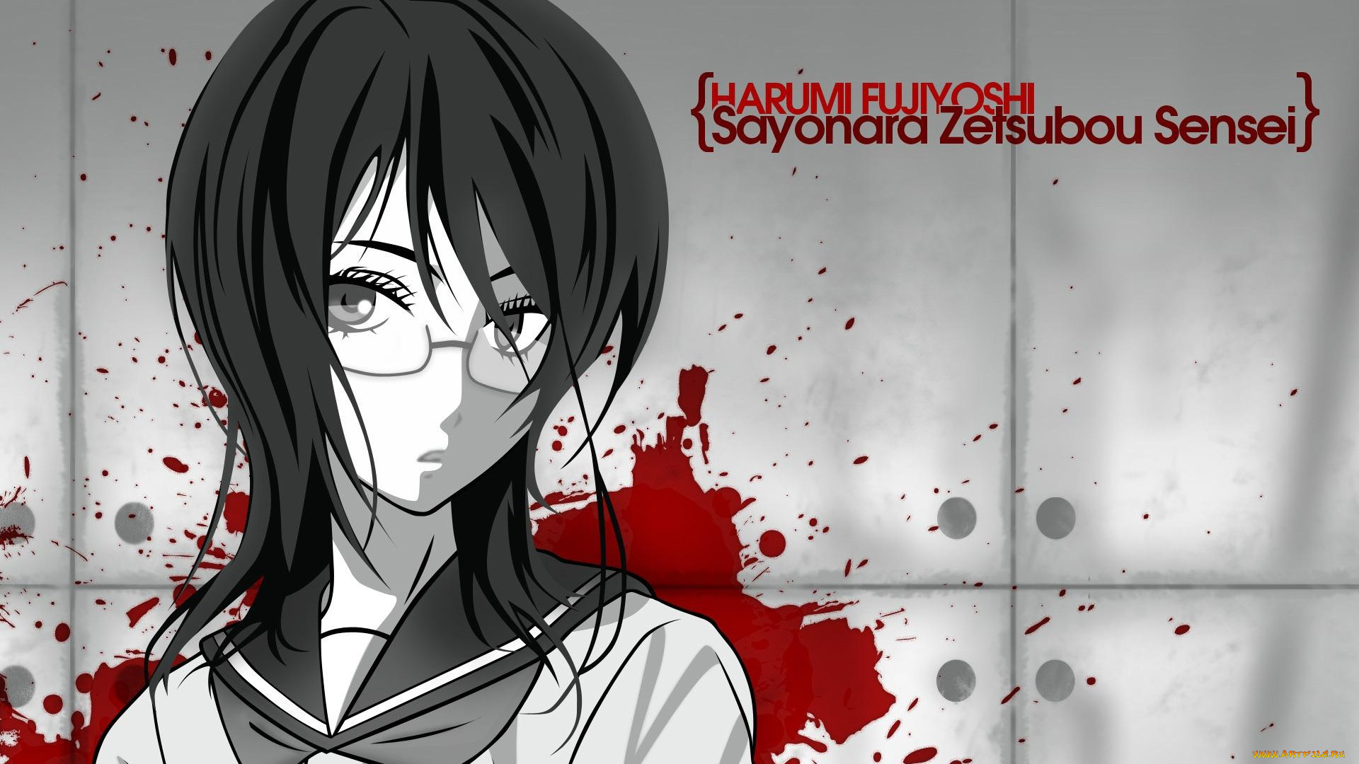 аниме, sayonara, zetsubo, sensei, кровь, очки, девушка, лицо