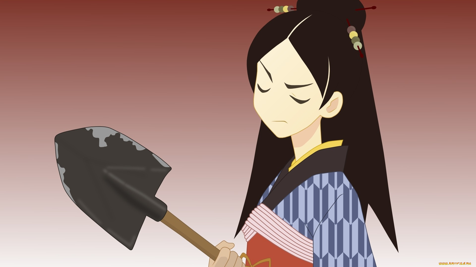 аниме, sayonara, zetsubo, sensei, лопата, девочка, кимоно