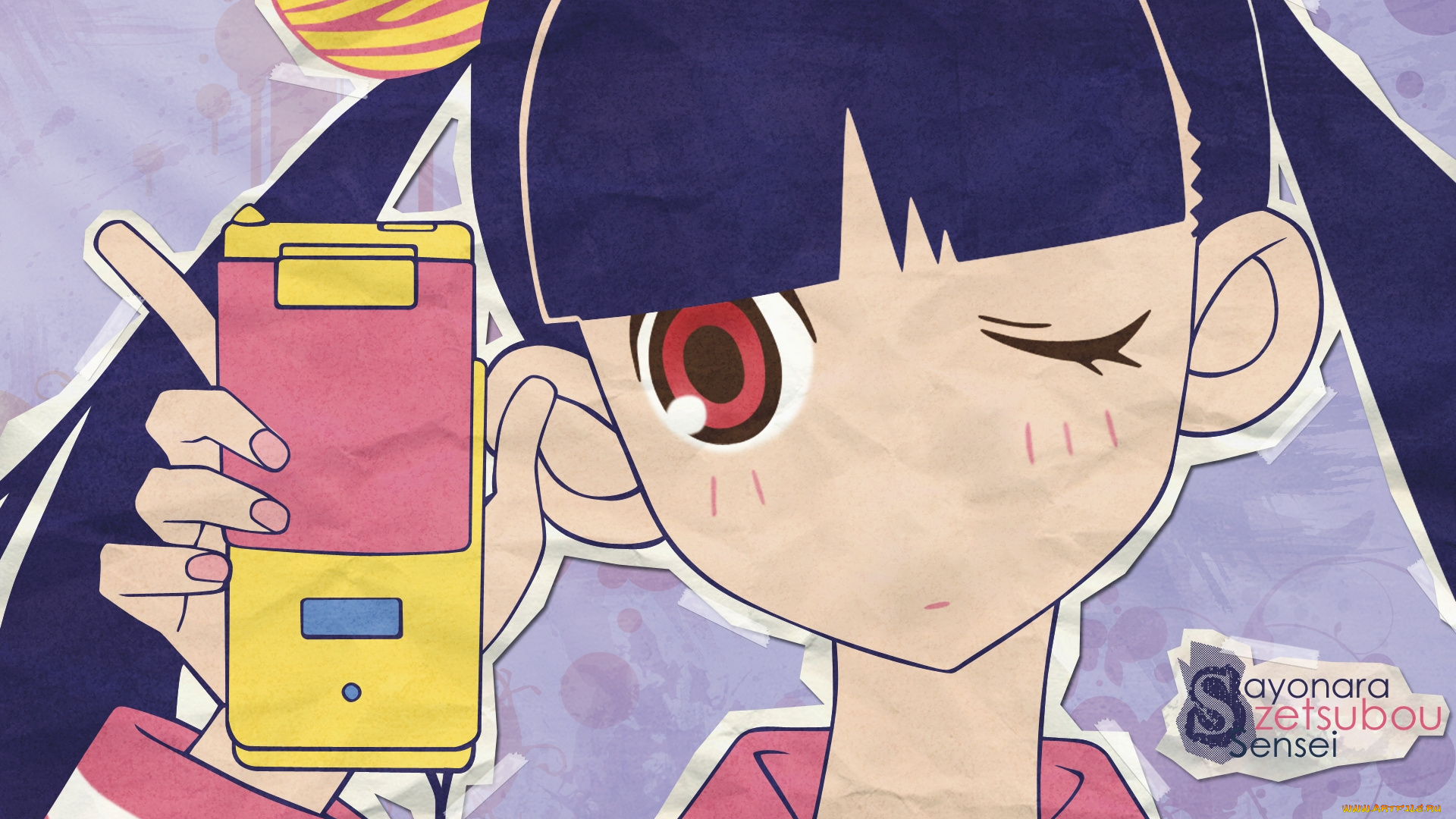 аниме, sayonara, zetsubo, sensei, телефон, лицо, девочка