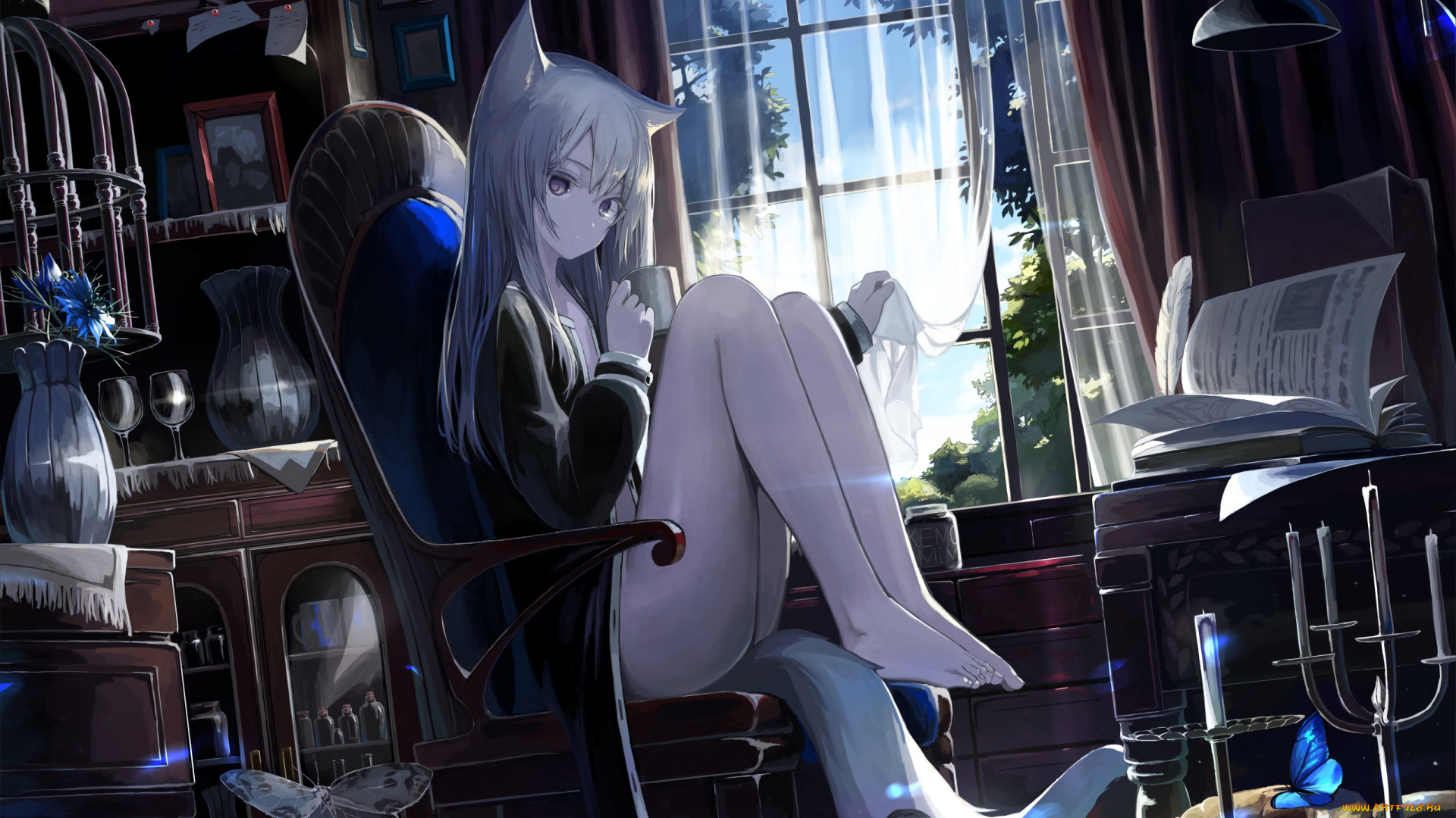 аниме, животные, , существа, кресло, окно, чашка, нэко, девушка, комната