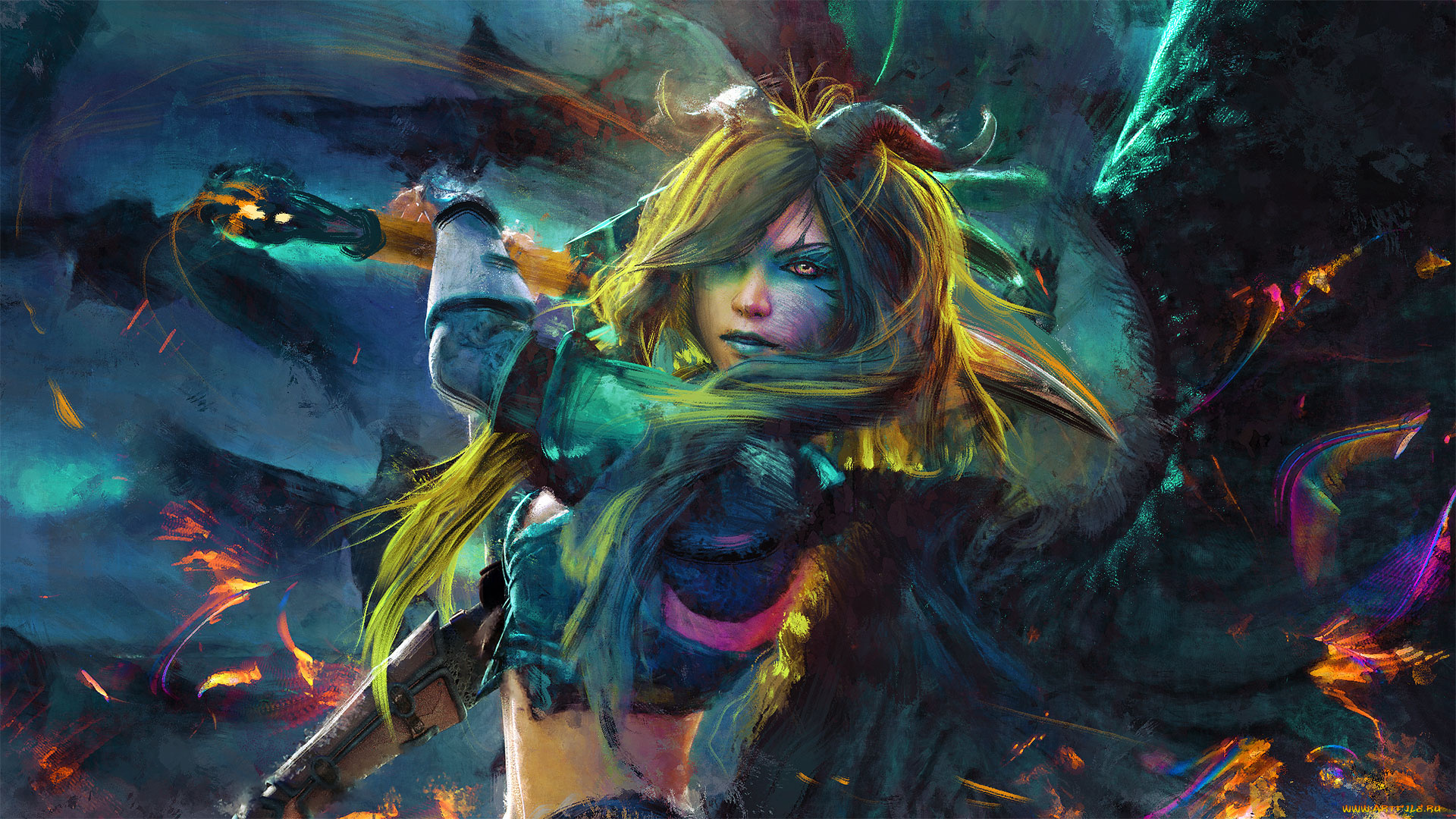 фэнтези, демоны, рога, взгляд, фон, девушка