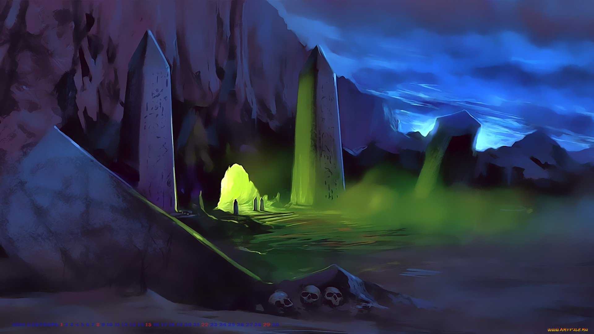 календари, фэнтези, 2019, пещера, свет, череп, строение, calendar