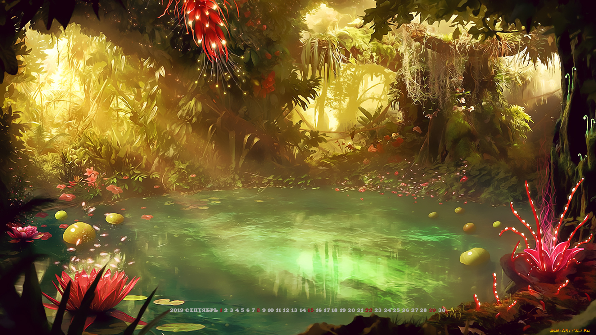 календари, фэнтези, calendar, цветы, 2019, растение, природа, водоем