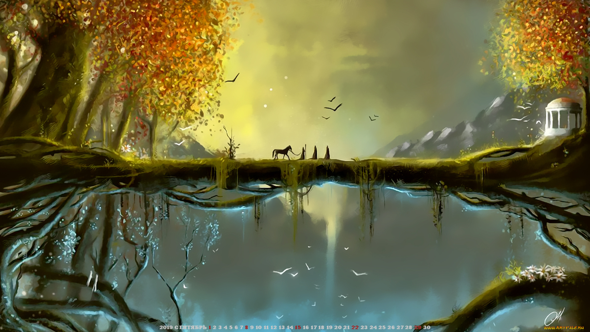 календари, фэнтези, мост, строение, лошадь, дерево, коньcalendar, 2019