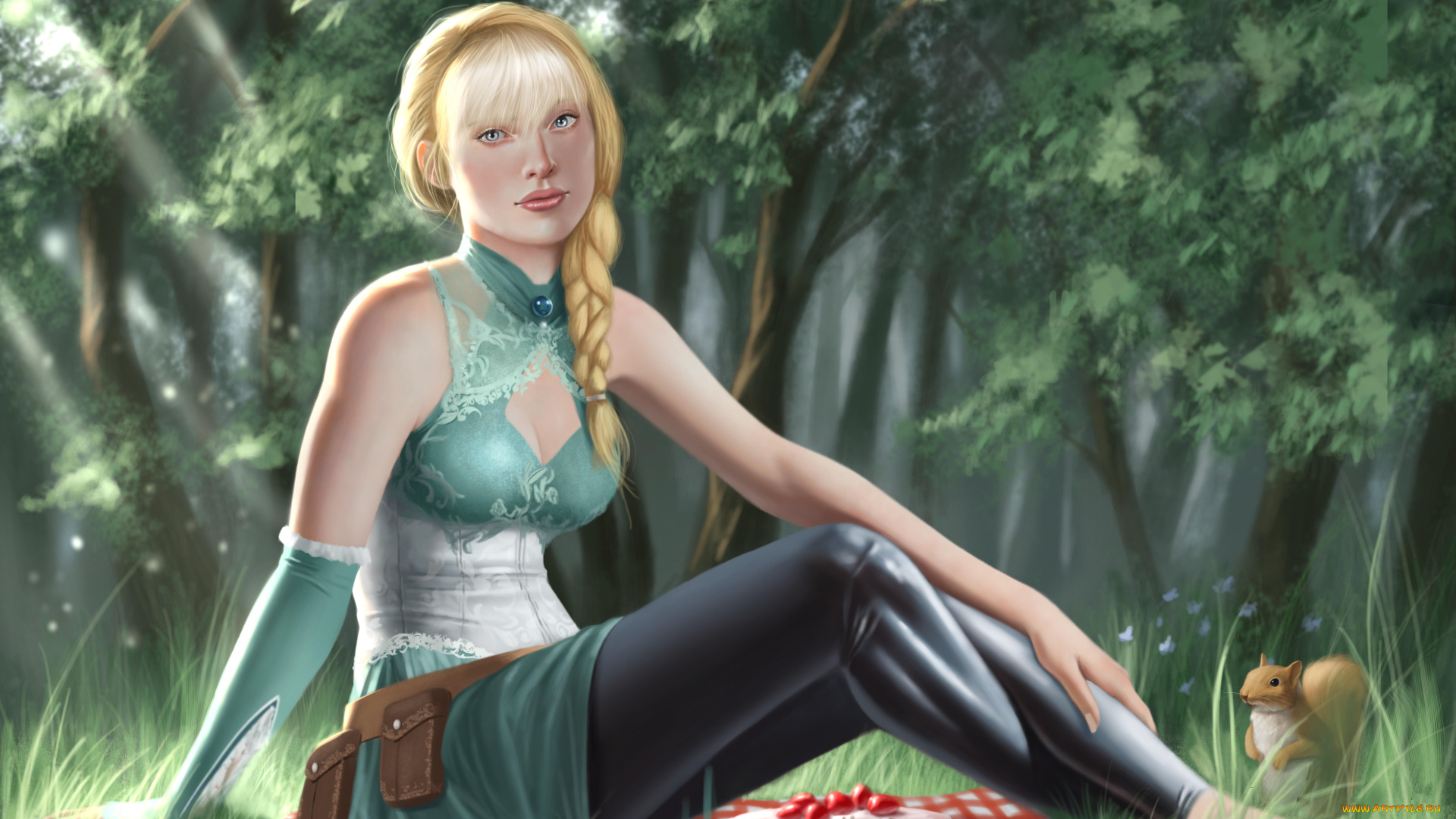 рисованное, люди, торт, белка, взгляд, фон, девушка