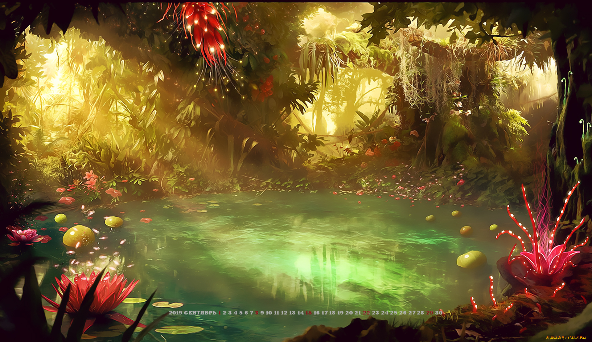 календари, фэнтези, calendar, цветы, 2019, растение, природа, водоем