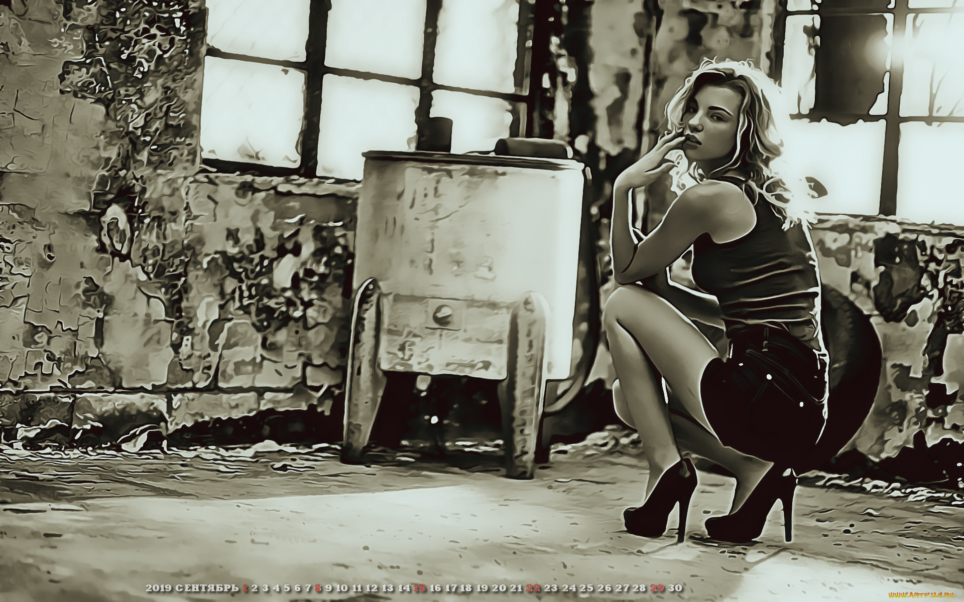 календари, компьютерный, дизайн, calendar, сидит, окно, женщина, девушка, взгляд, помещение, 2019, печка