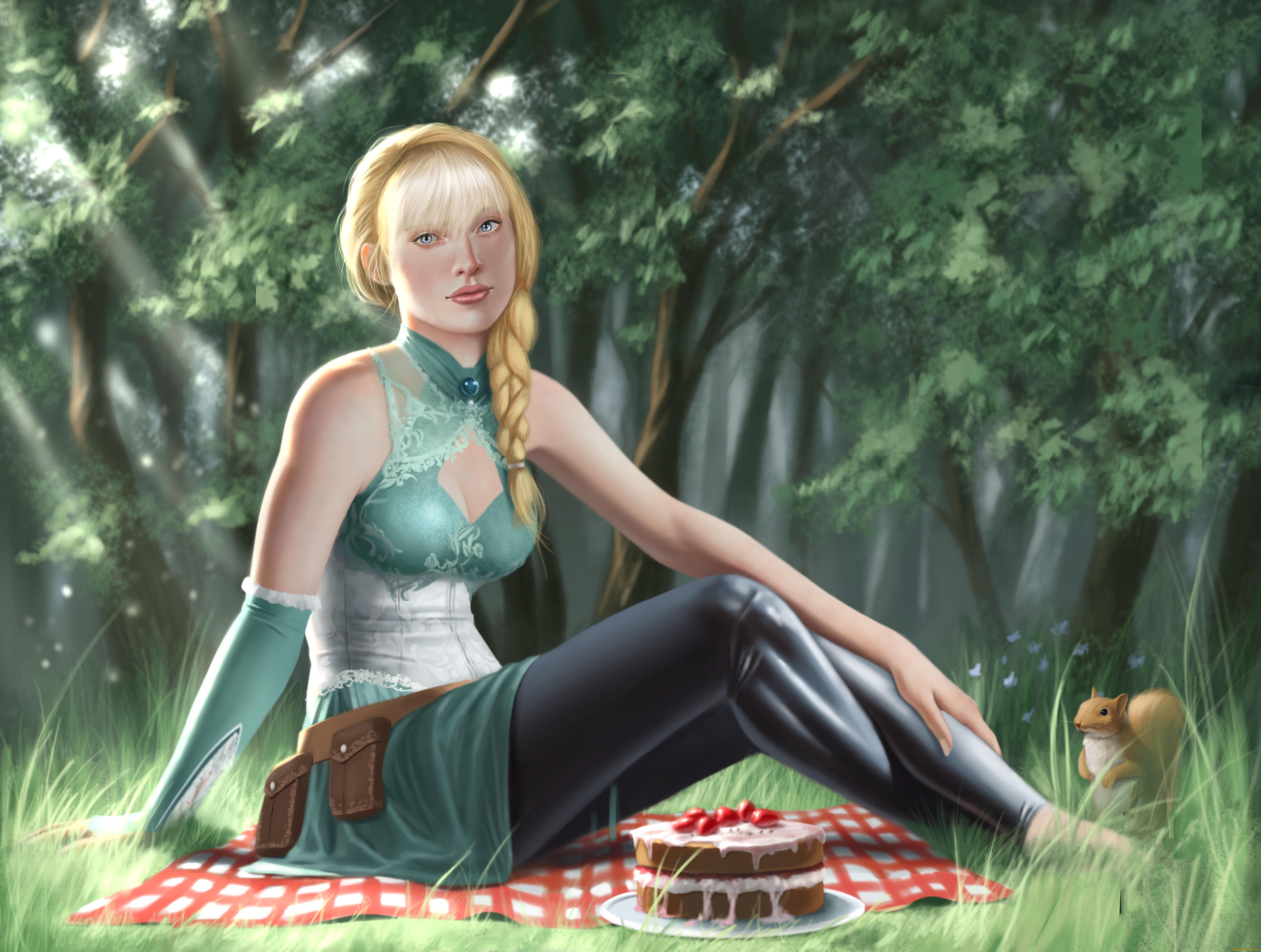 рисованное, люди, торт, белка, взгляд, фон, девушка