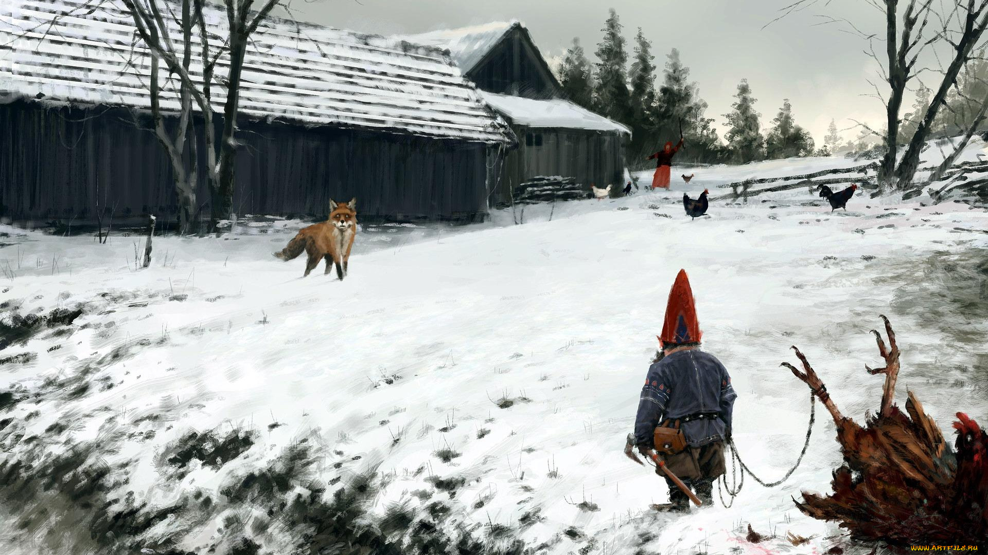 фэнтези, существа, дом, зима, снег, куры, лиса, гном