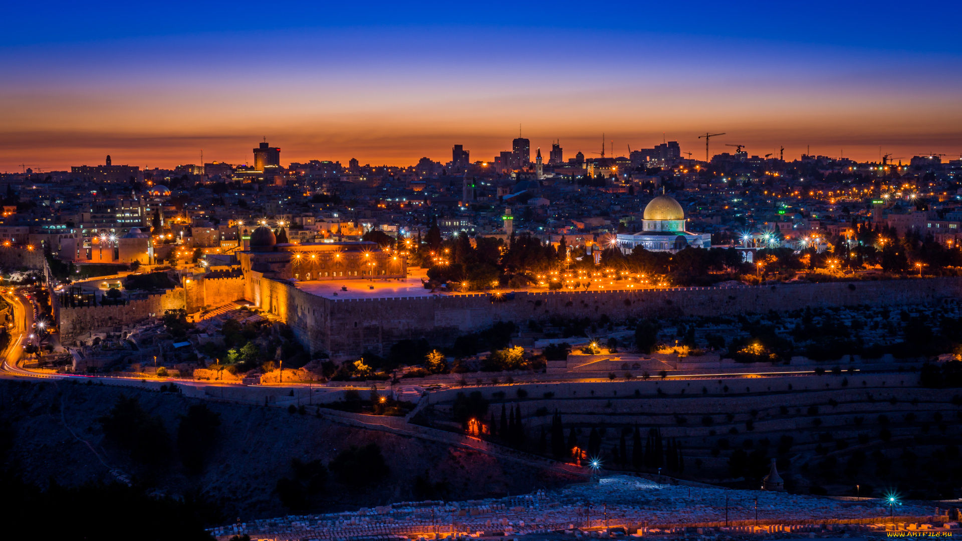 города, иерусалим, , израиль, город, закат, панорама, огни