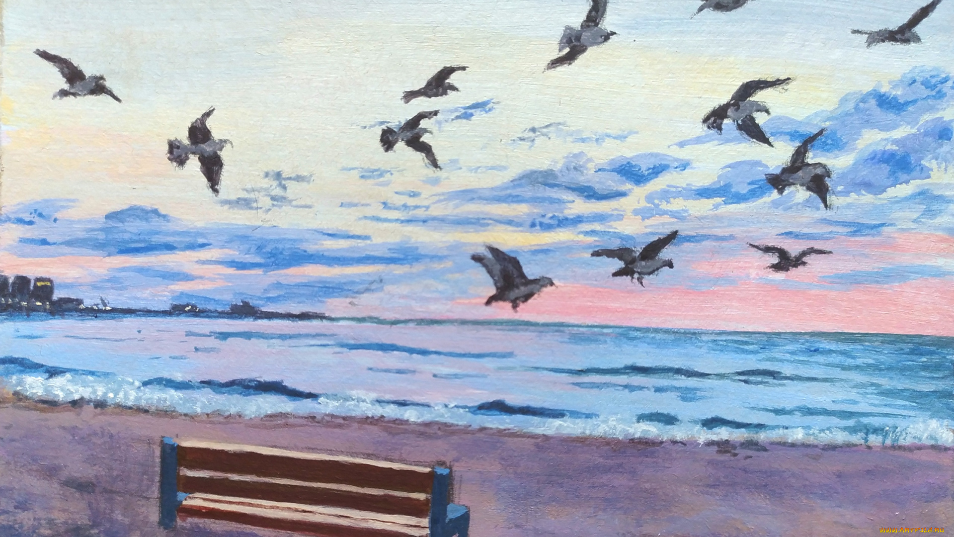 рисованное, живопись, море, птицы, скамейка