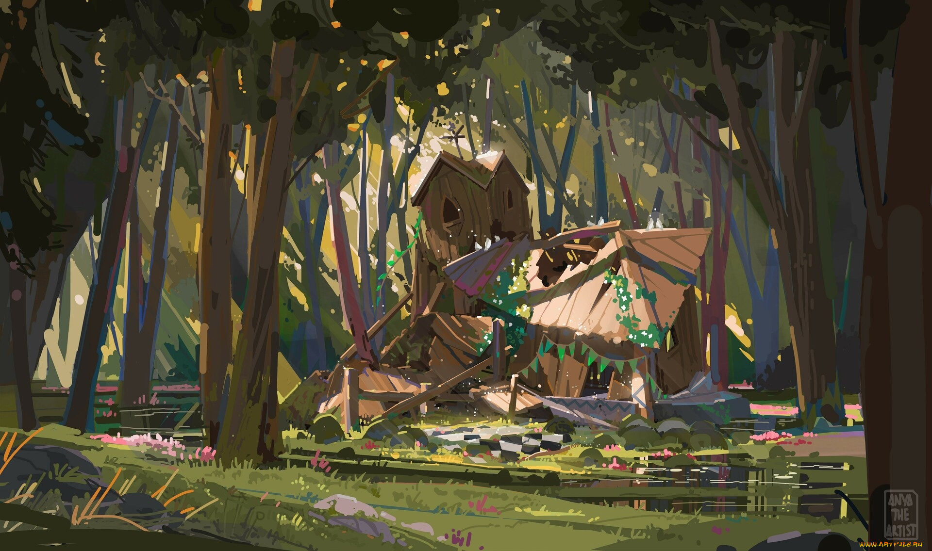 рисованное, города, развалины, лес