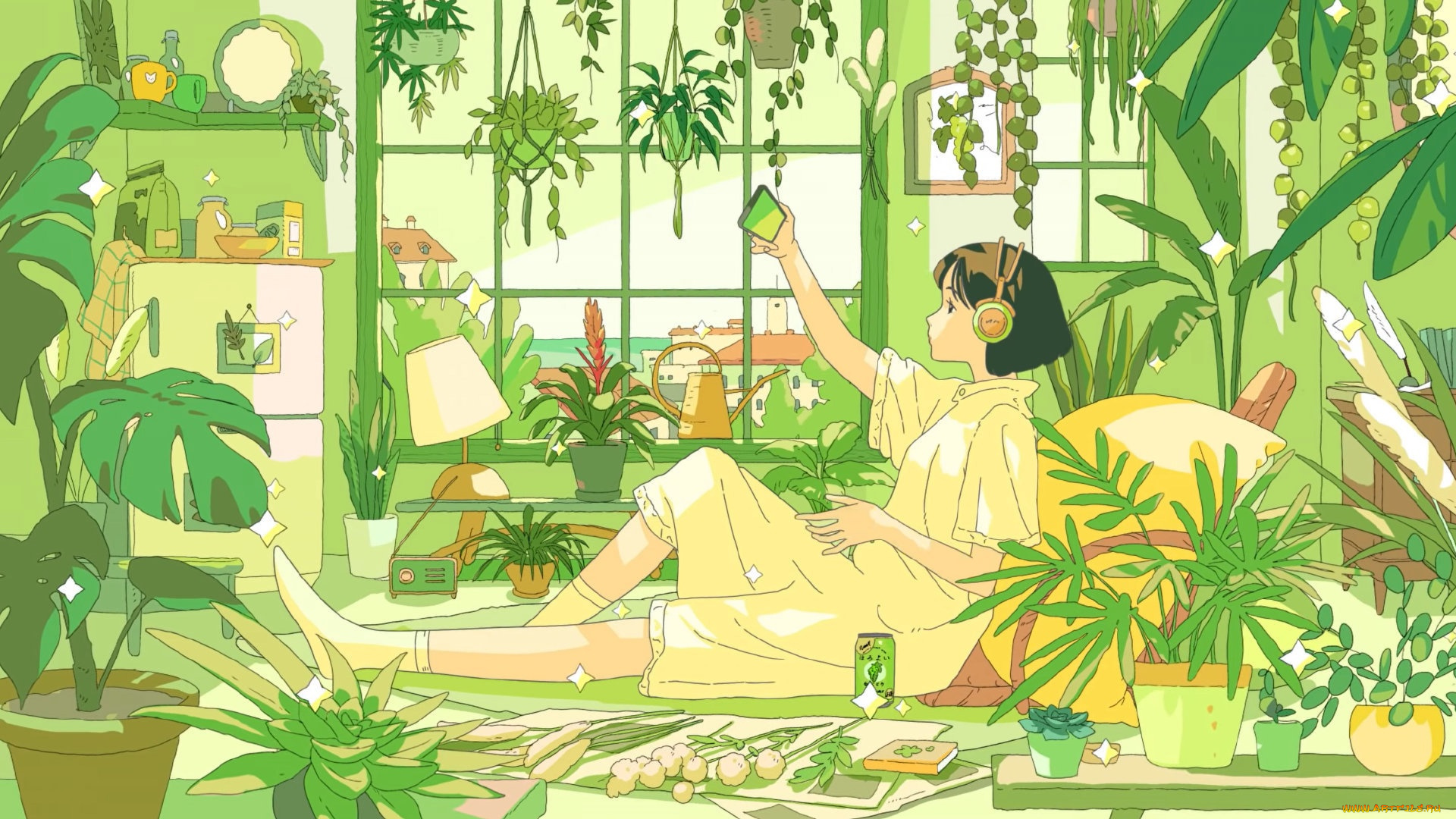 аниме, город, , улицы, , интерьер, , здания, девушка, наушники, телефон, цветы, комната