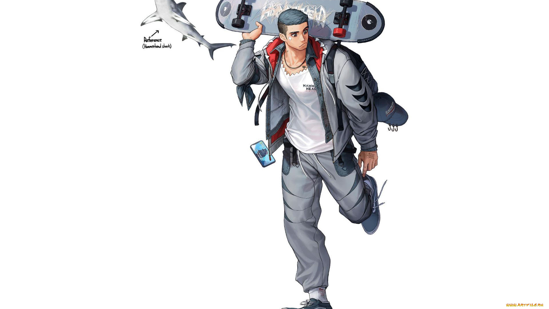 аниме, unknown, , другое, , парень, скейт, акула
