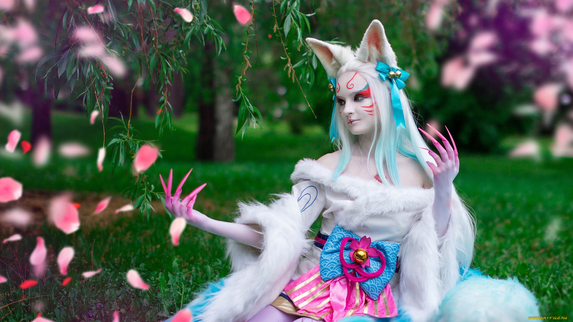 девушки, kirdjava, ари, лепестки, деревья, трава, костюм, образ