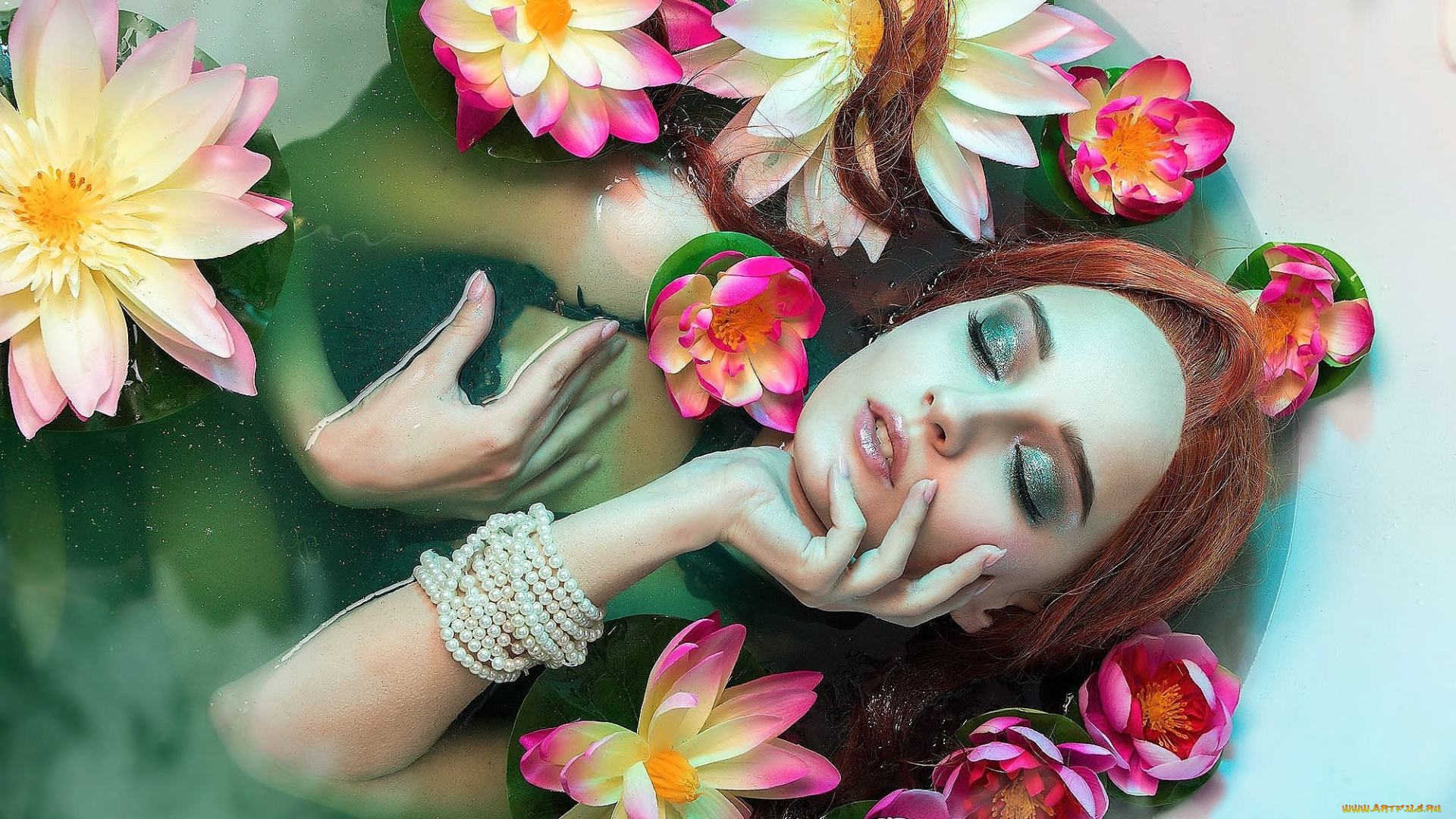 девушки, kirdjava, ундина, жемчуг, кувшинки, вода, ванна