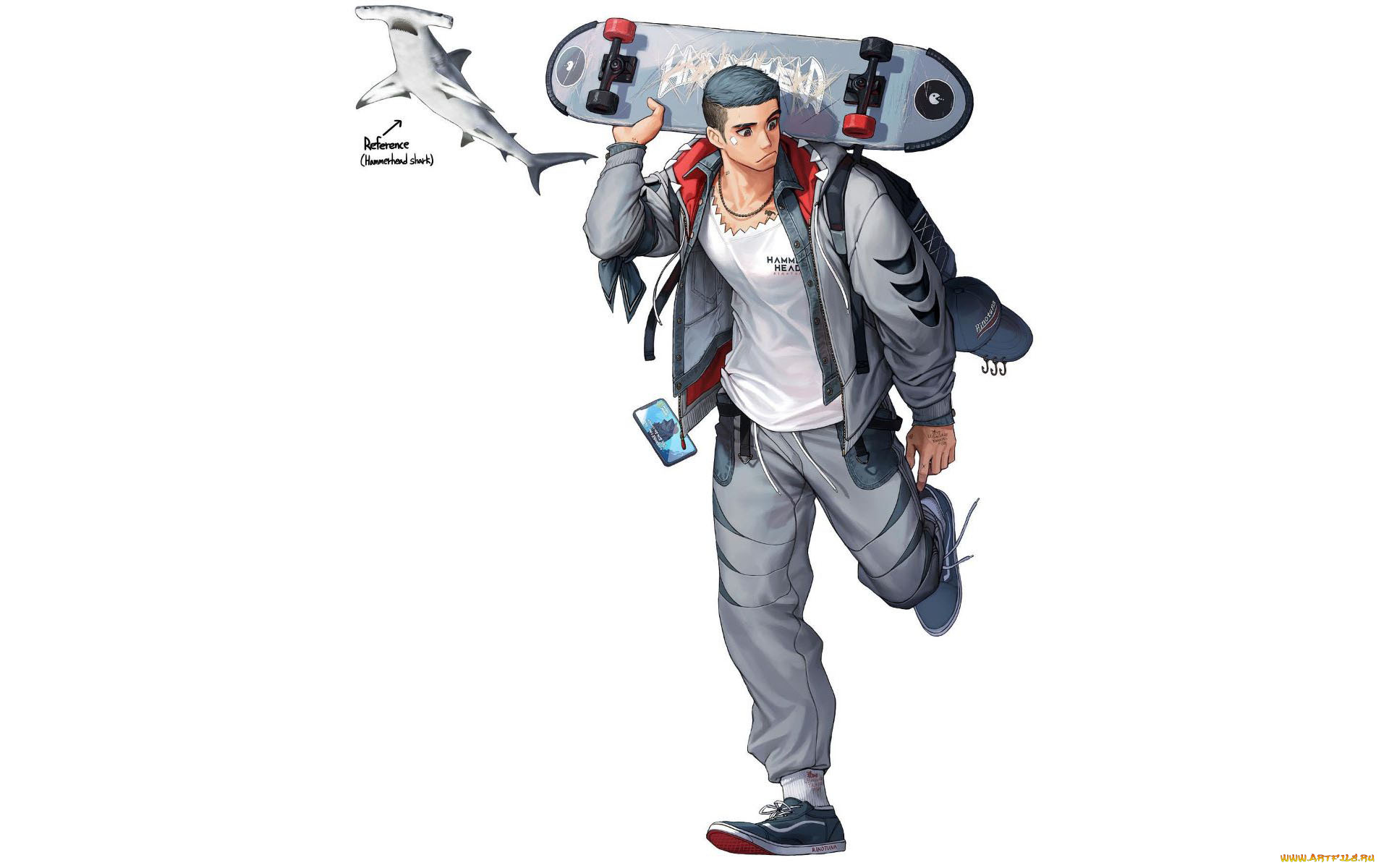 аниме, unknown, , другое, , парень, скейт, акула