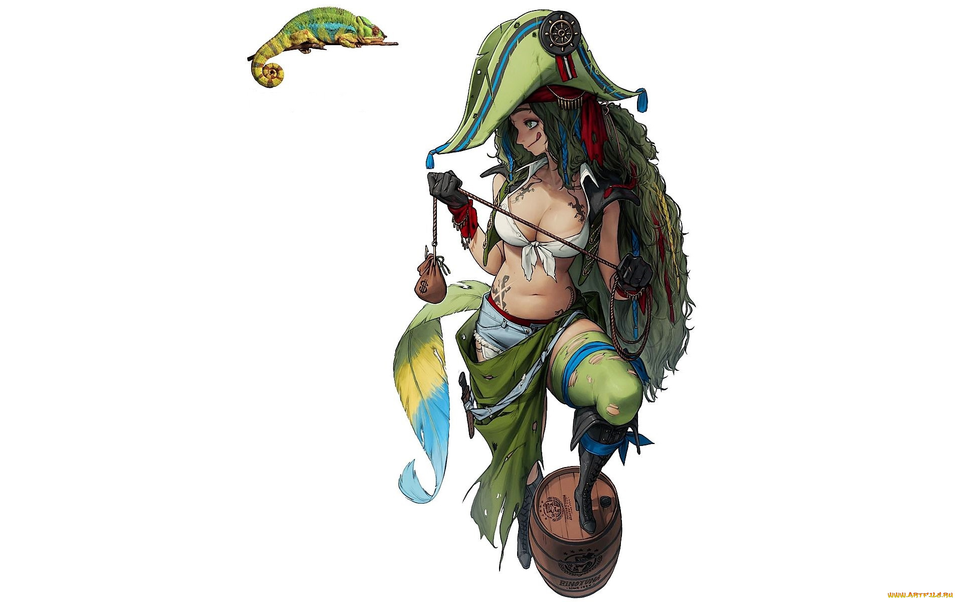 рисованное, люди, девушка, шляпа, бочка, хамелеон, мешочек