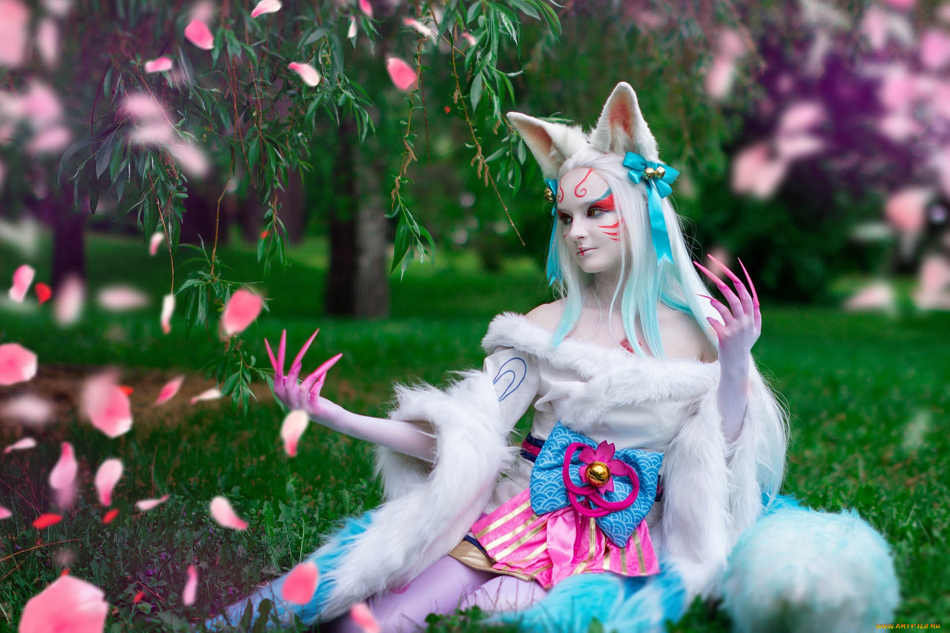 девушки, kirdjava, ари, лепестки, деревья, трава, костюм, образ