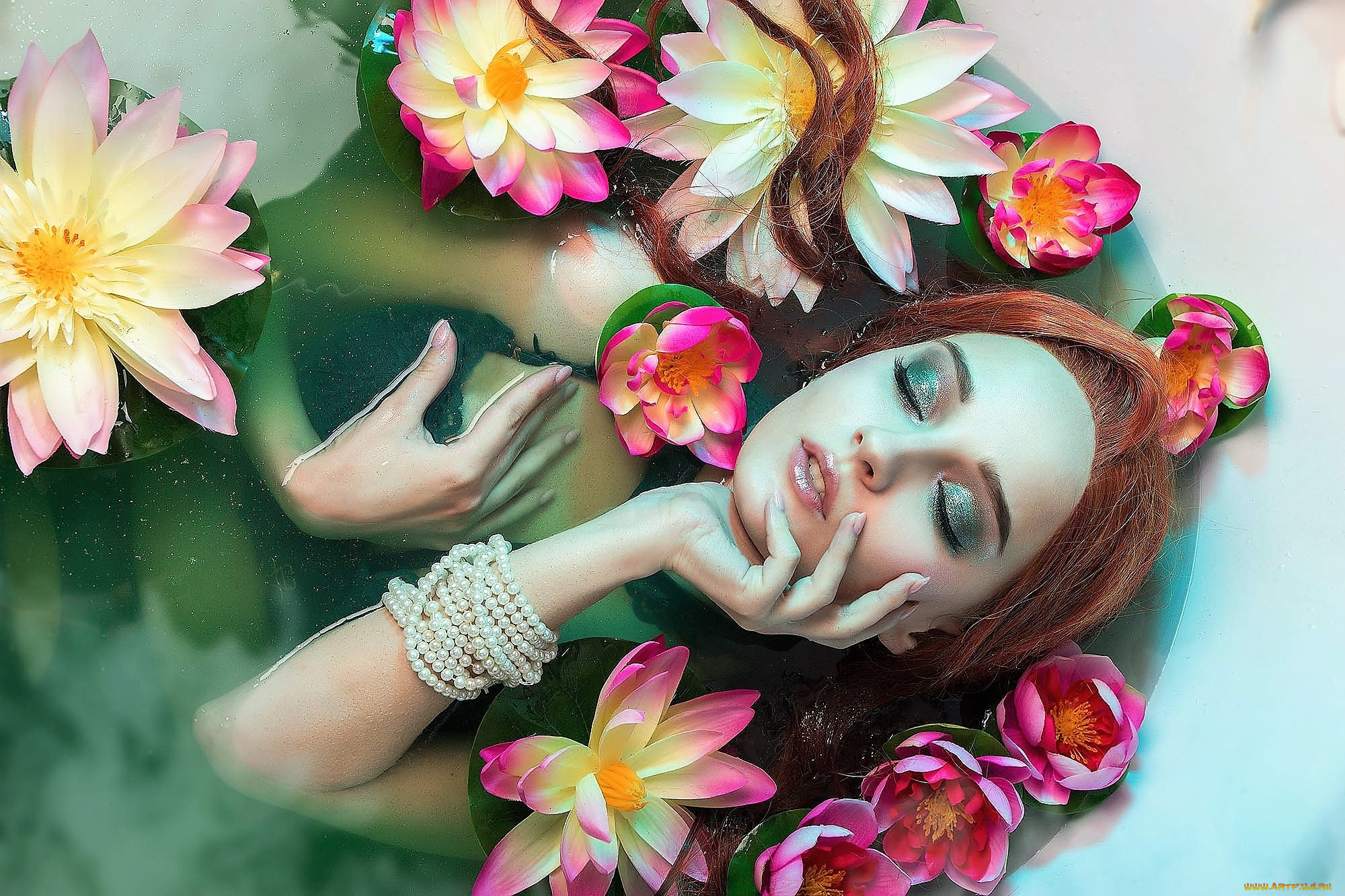 девушки, kirdjava, ундина, жемчуг, кувшинки, вода, ванна