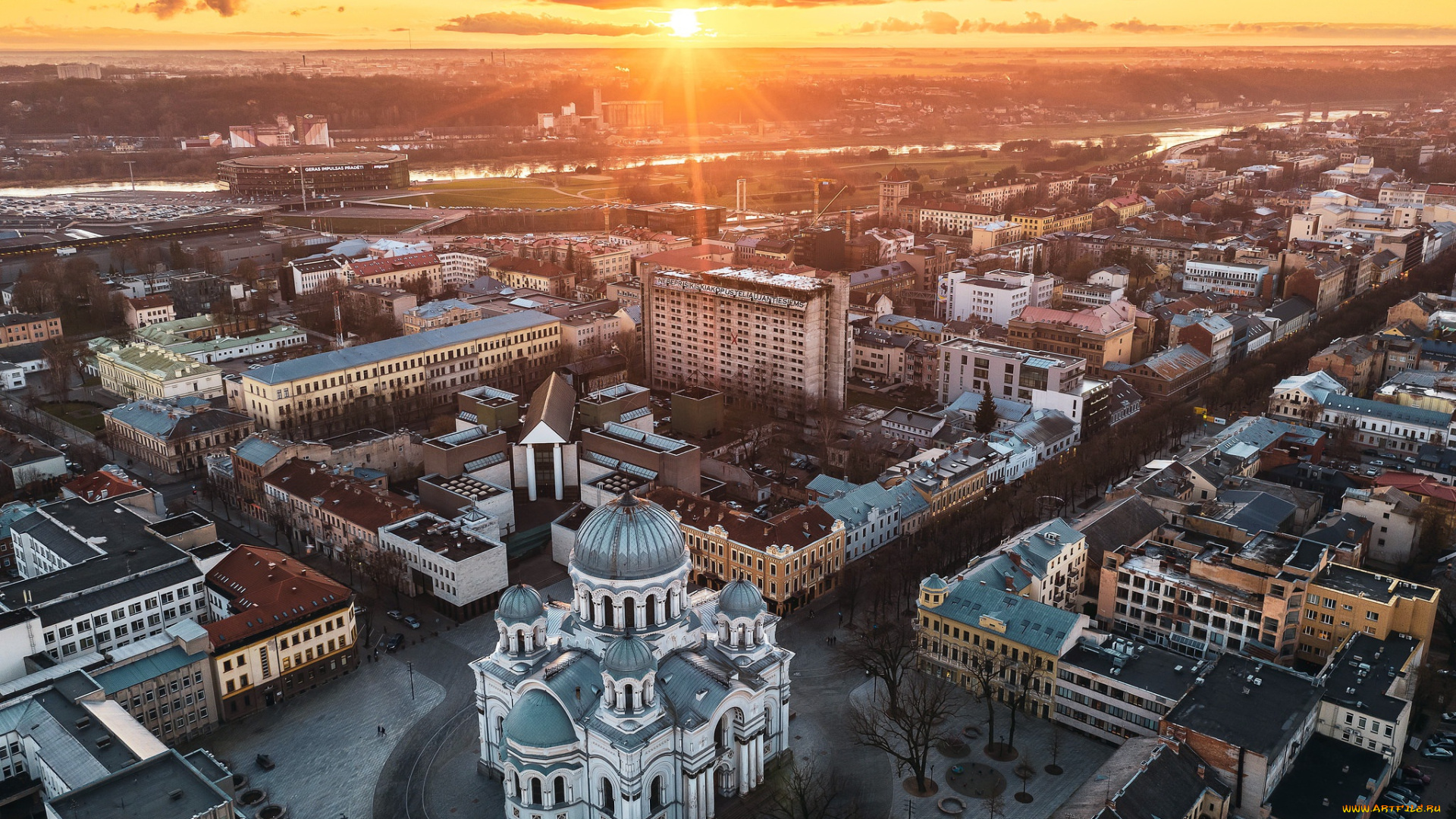 города, каунас, , литва, каунас, город, солнечный, свет, церковь, городской, вид