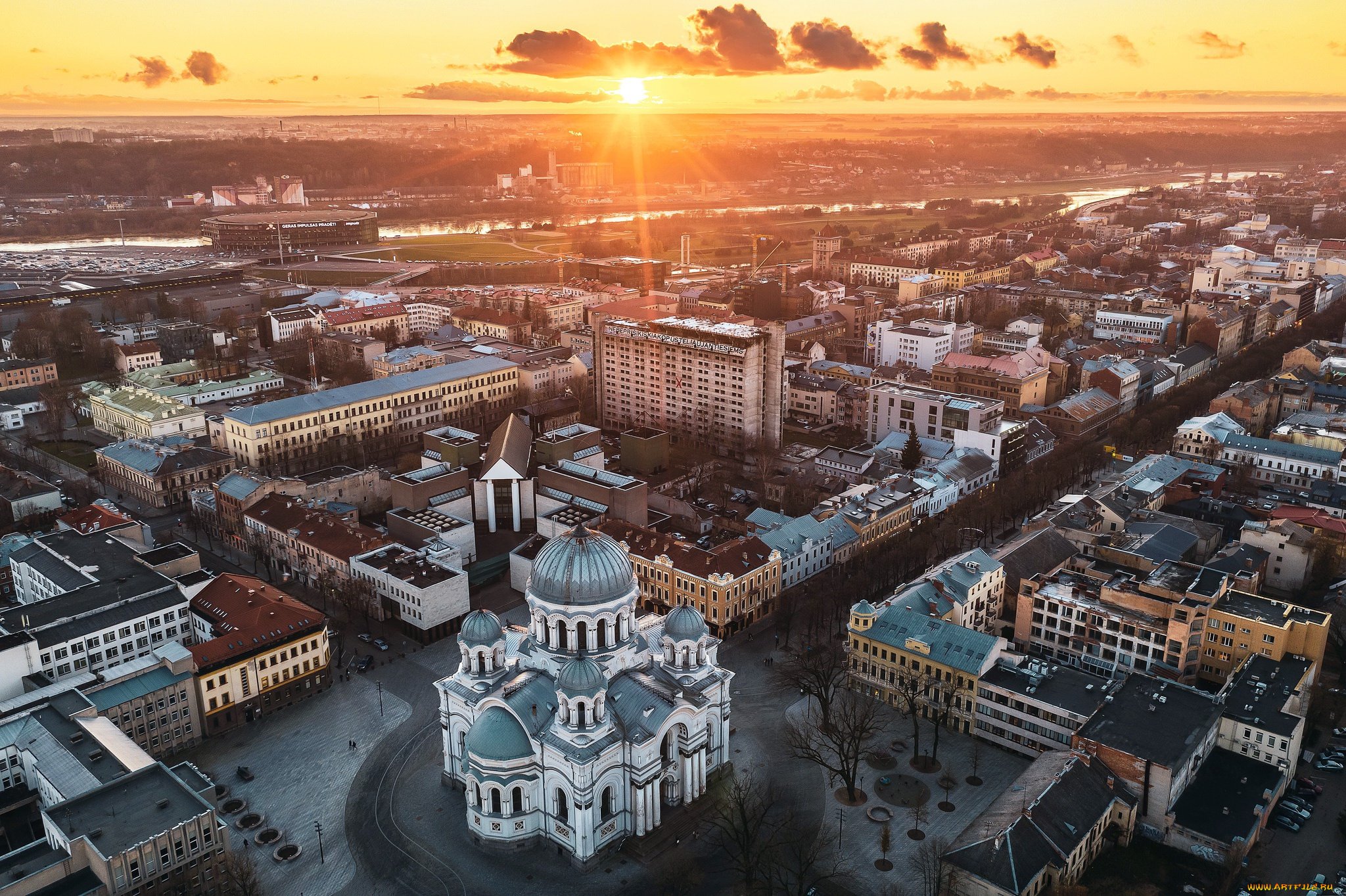 города, каунас, , литва, каунас, город, солнечный, свет, церковь, городской, вид