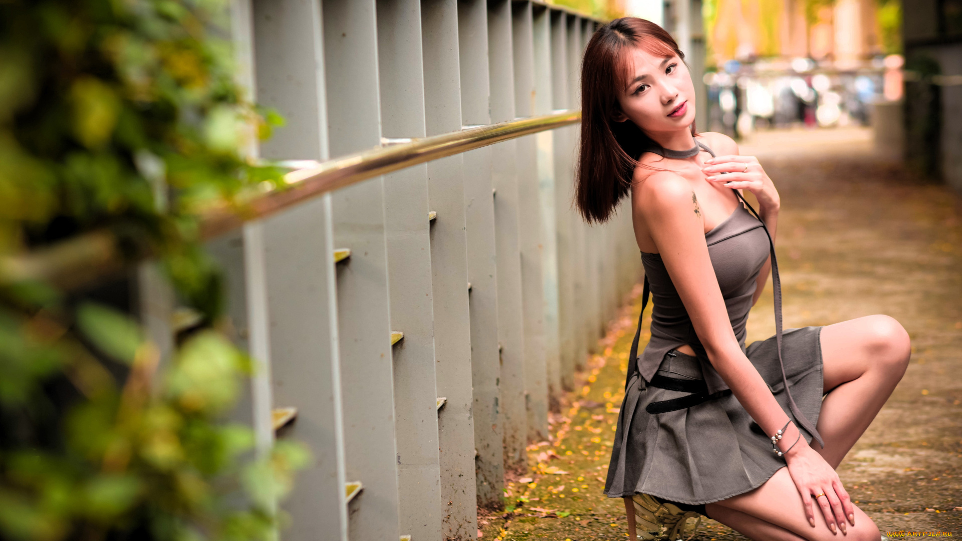 девушки, -, азиатки, шатенка, топ, юбка, листья, ограда