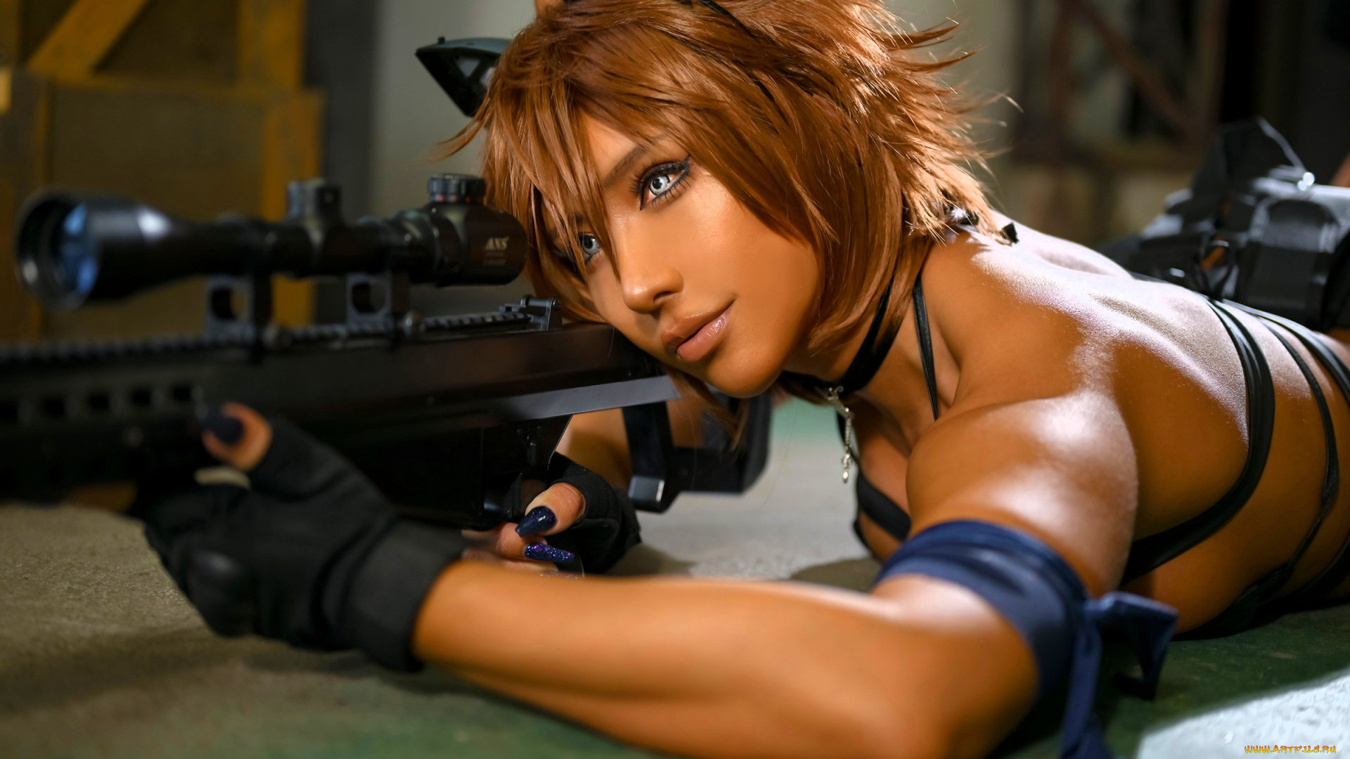 девушки, nonsummerjack, образ, косплей, наряд, ушки, белье, пол, винтовка, оружие