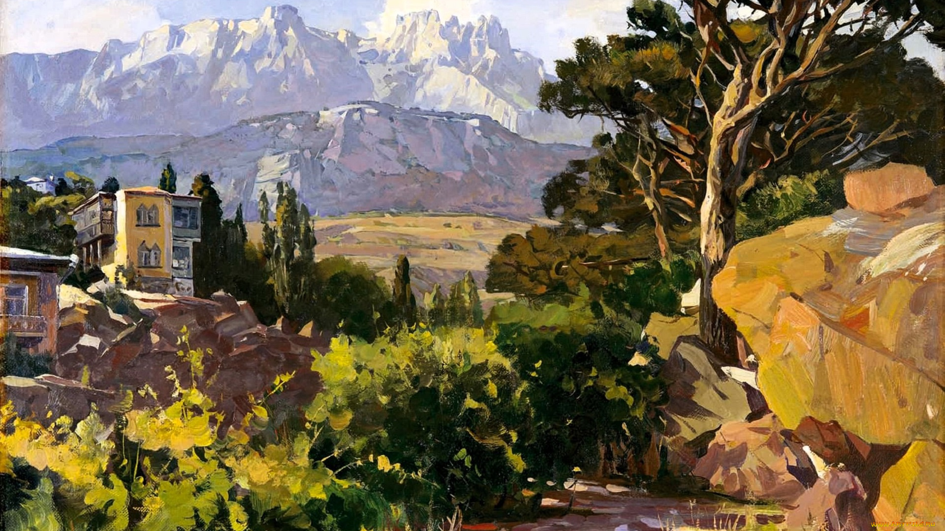 рисованное, василий, нестеренко, горы, дома, скалы, деревья, кусты