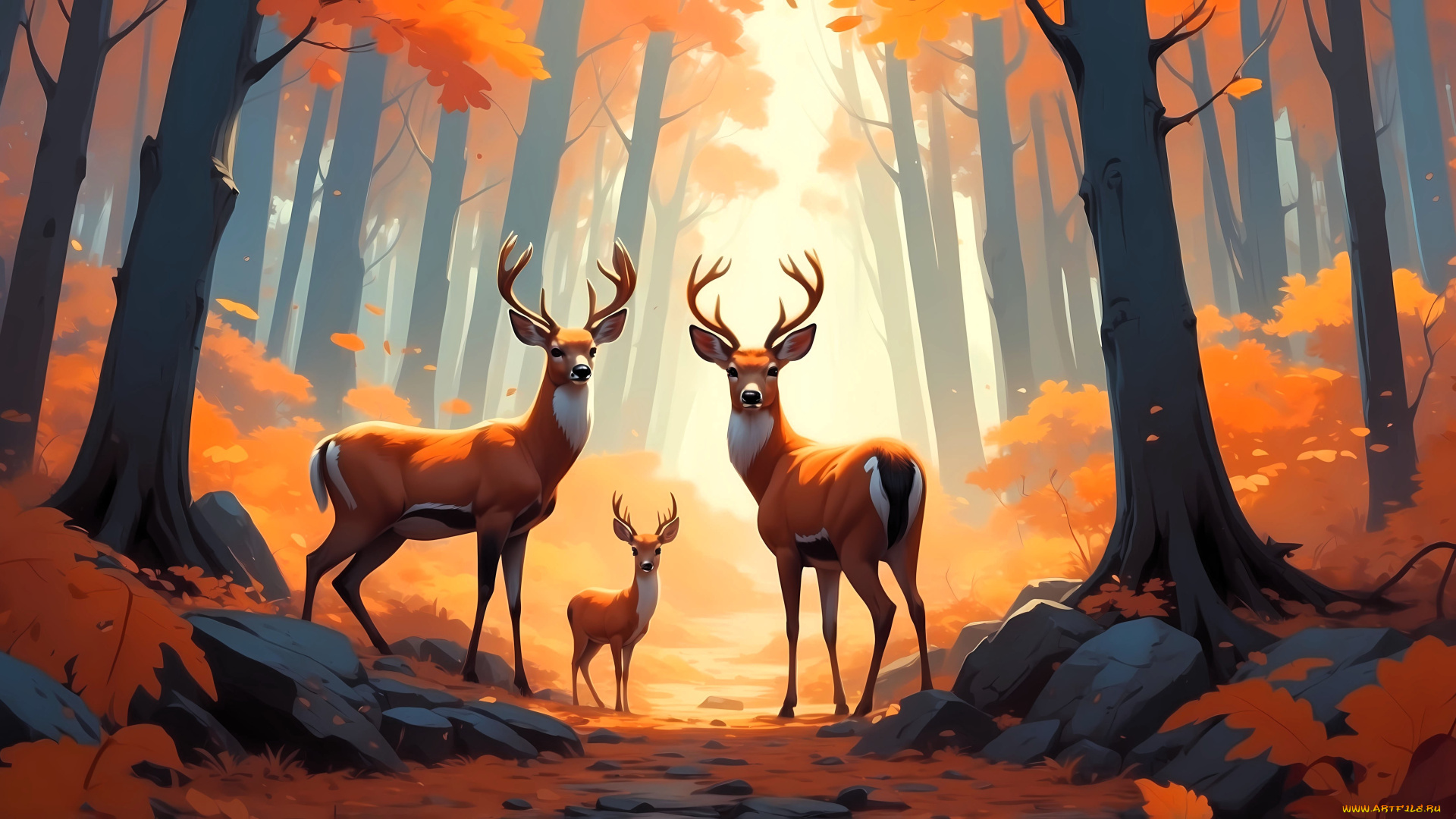 рисованное, животные, , олени, олени, лес, осень, деревья, дорожка, камни