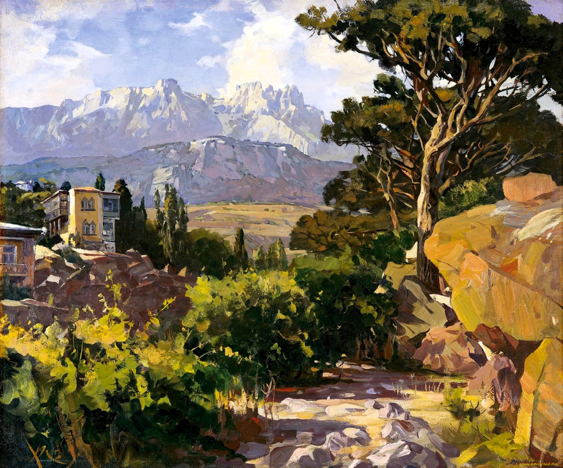 рисованное, василий, нестеренко, горы, дома, скалы, деревья, кусты