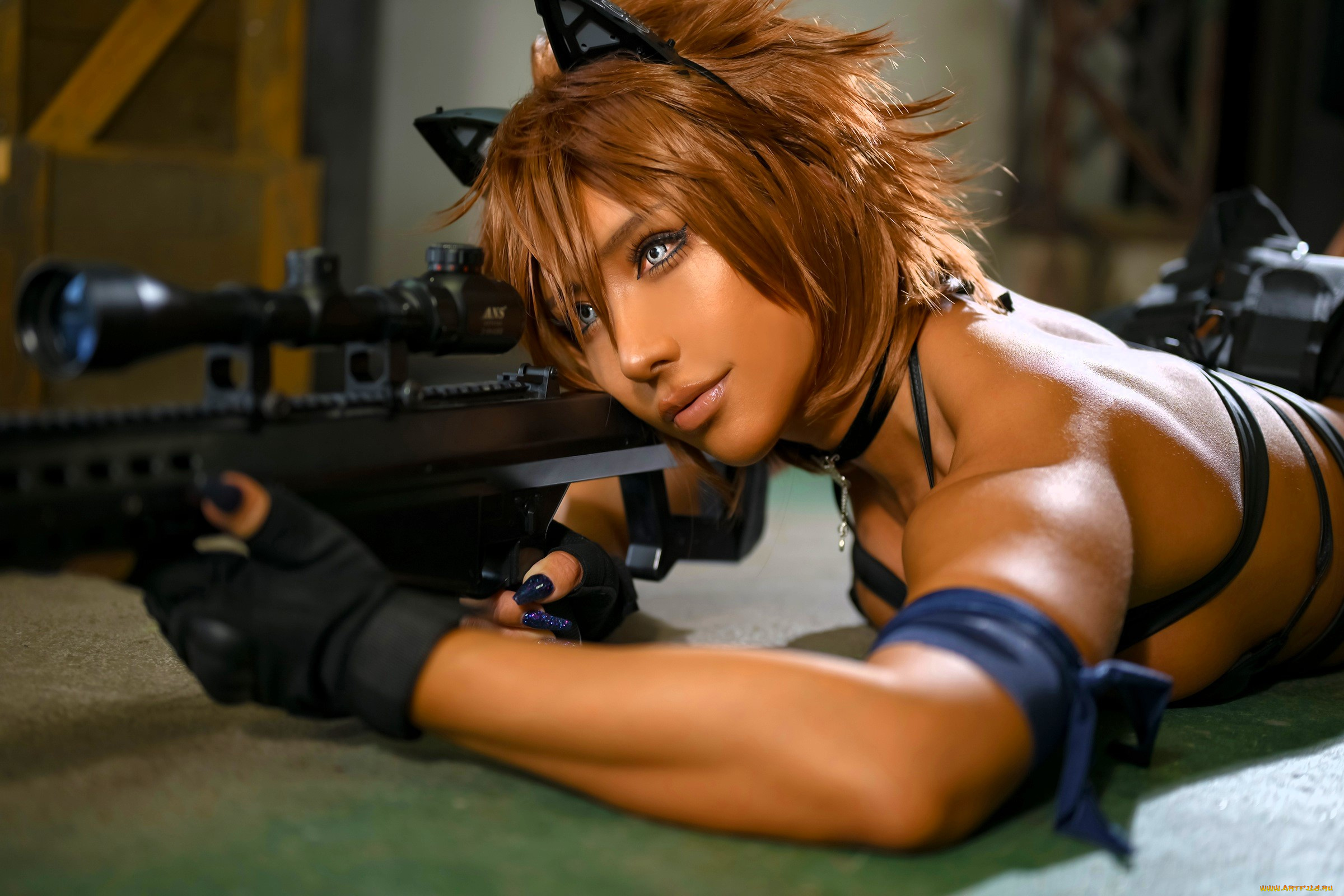 девушки, nonsummerjack, образ, косплей, наряд, ушки, белье, пол, винтовка, оружие