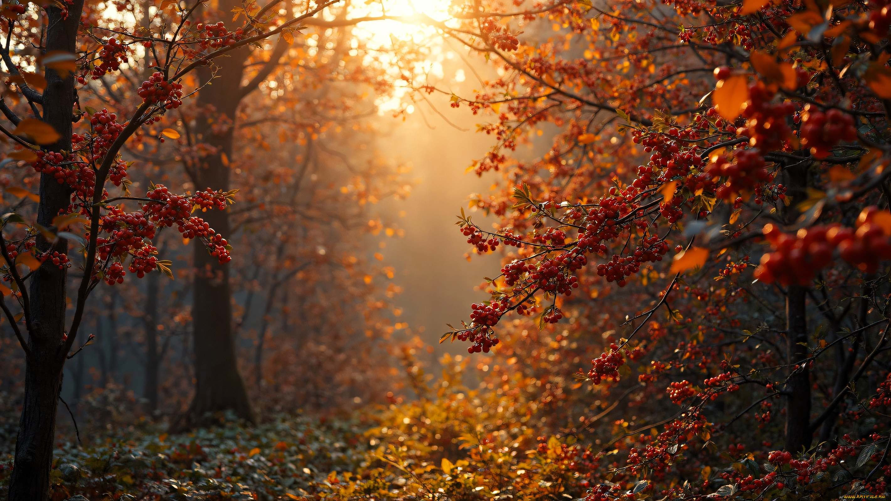 3д, графика, природа, , nature, осень, лес, кусты, деревья, рябина, ягоды