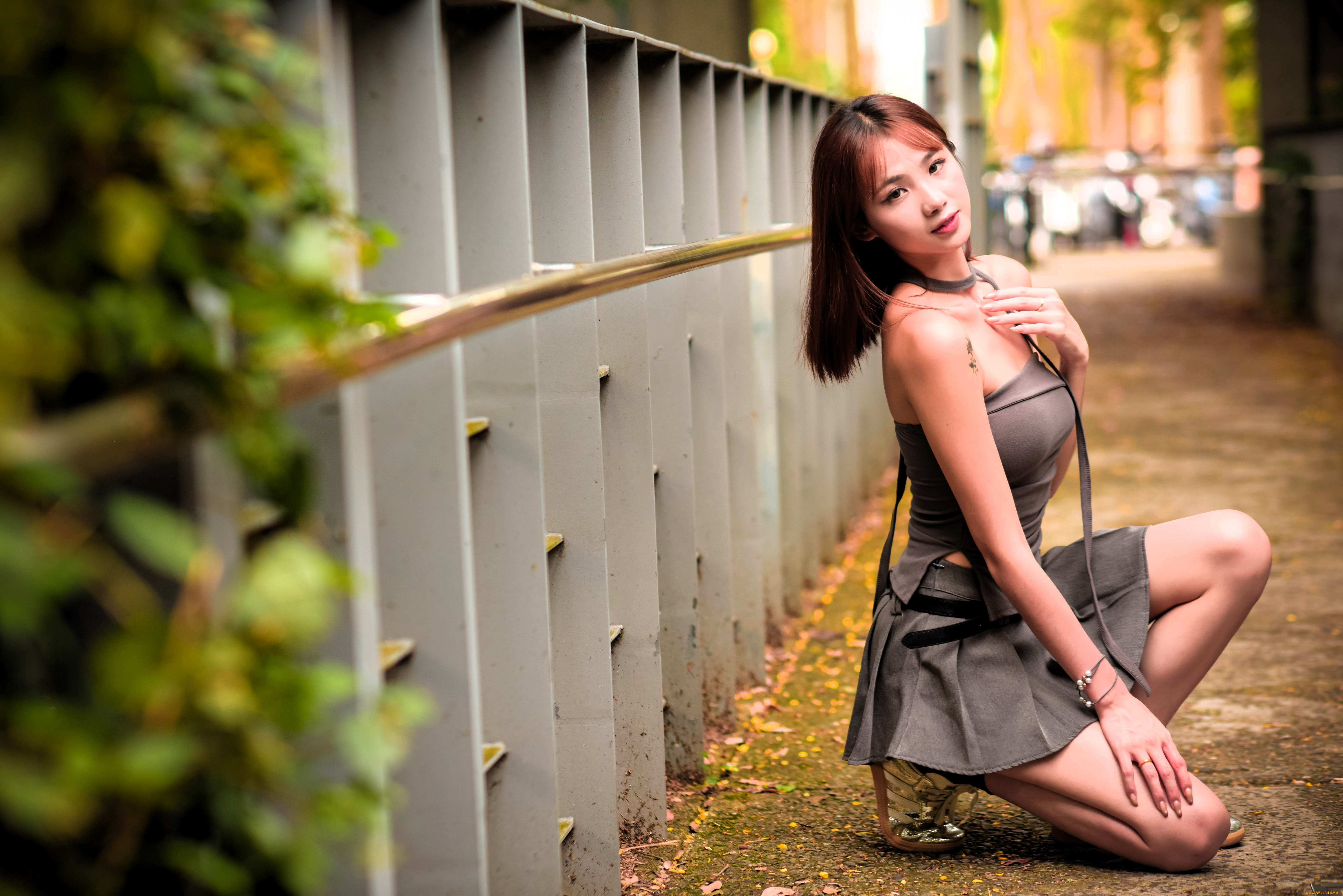 девушки, -, азиатки, шатенка, топ, юбка, листья, ограда