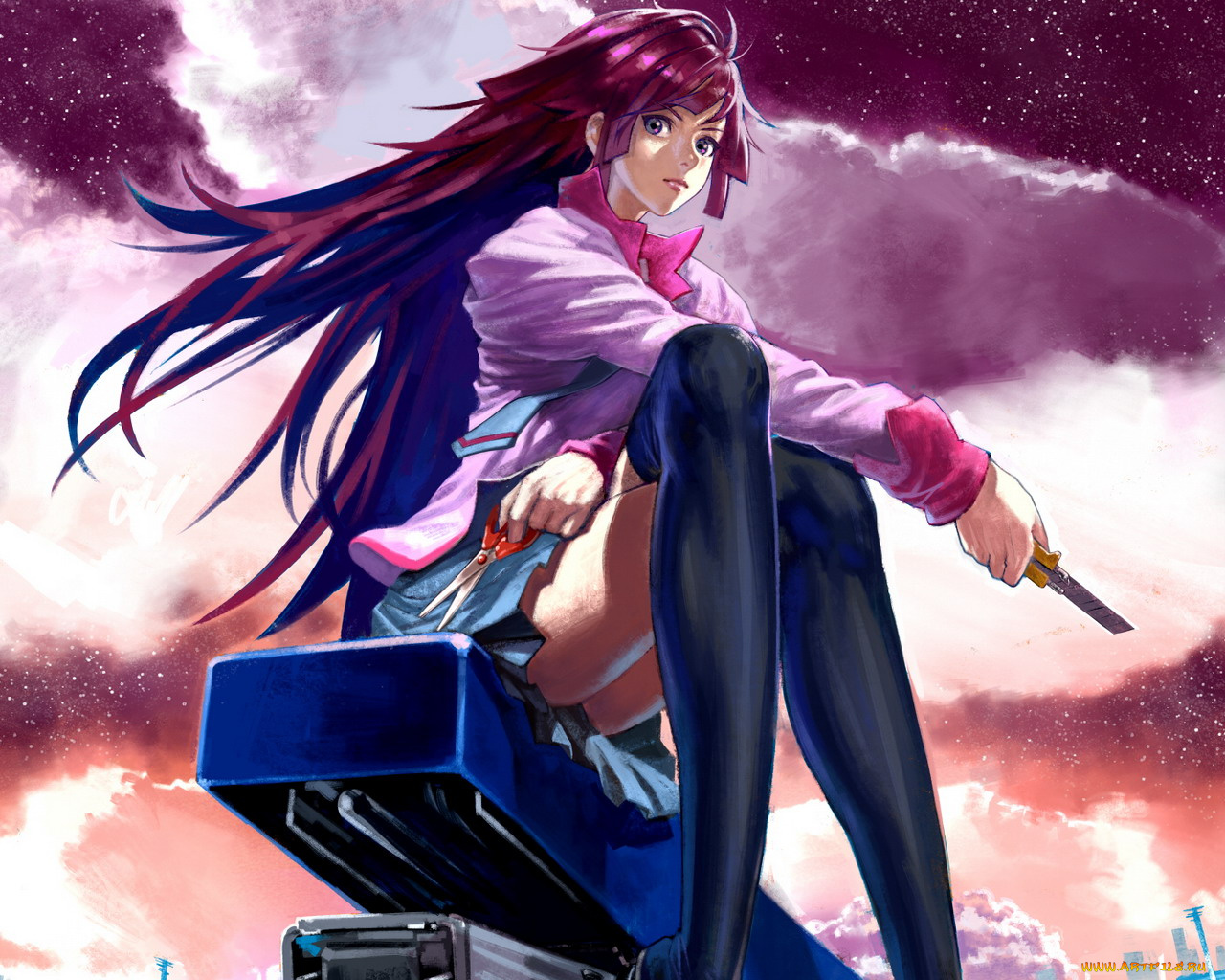 аниме, bakemonogatari, senjougahara, hitagi, девушка, форма, инструменты, нож, ножницы, небо, облака, степлер