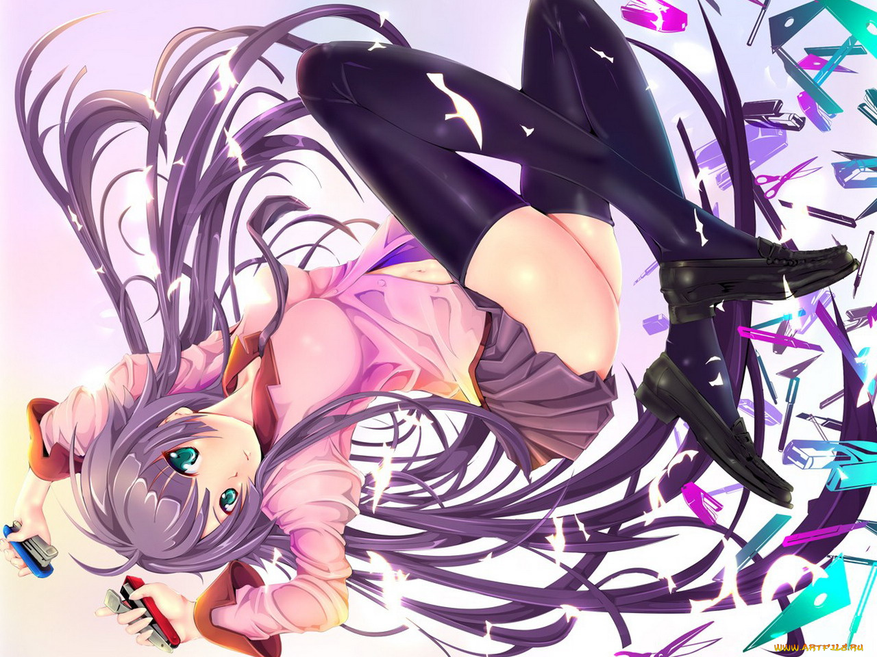 аниме, bakemonogatari, senjougahara, hitagi, девушка, форма, инструменты, степлер, ножницы, карандаш, ручка